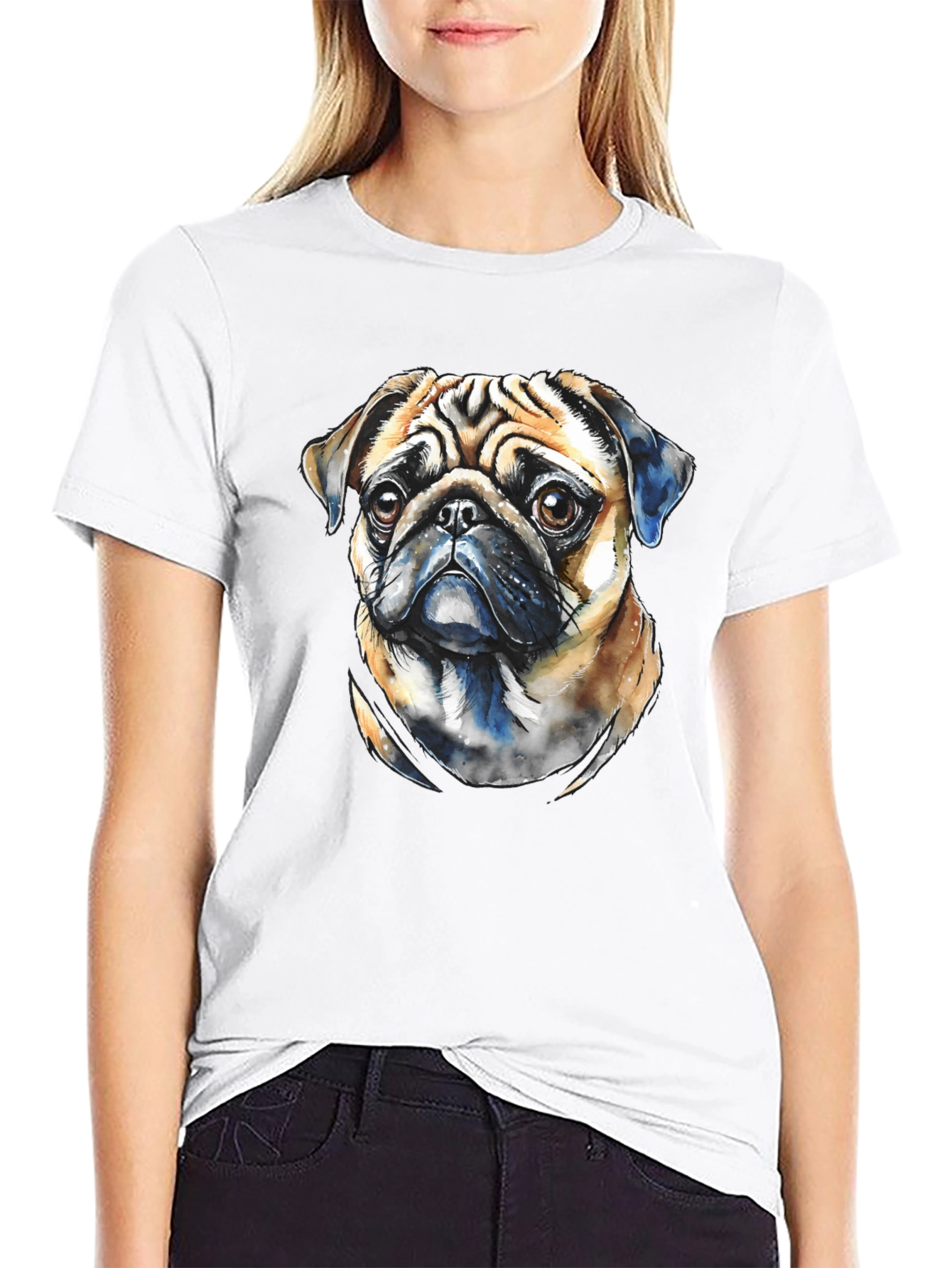 Pug Dog Portrait Graphic T-Shirt - Black