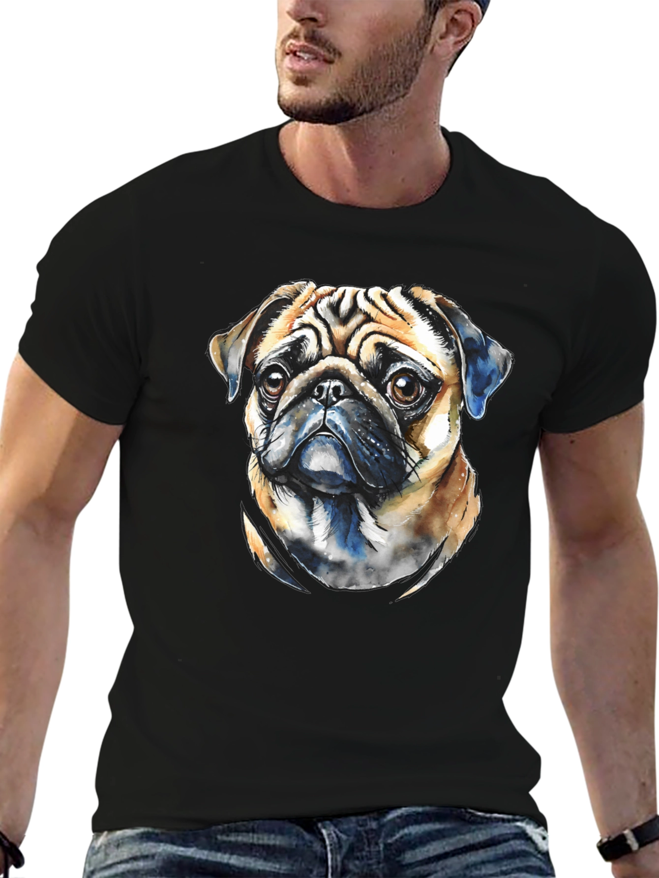 Pug Dog Portrait Graphic T-Shirt - Black