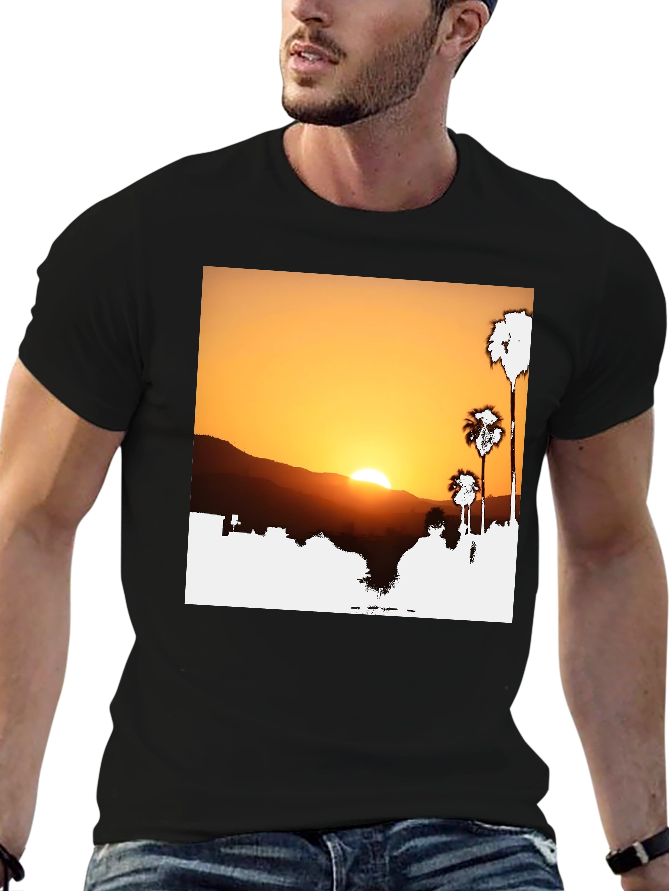 Sunset Palm Tree Graphic Tee - Black