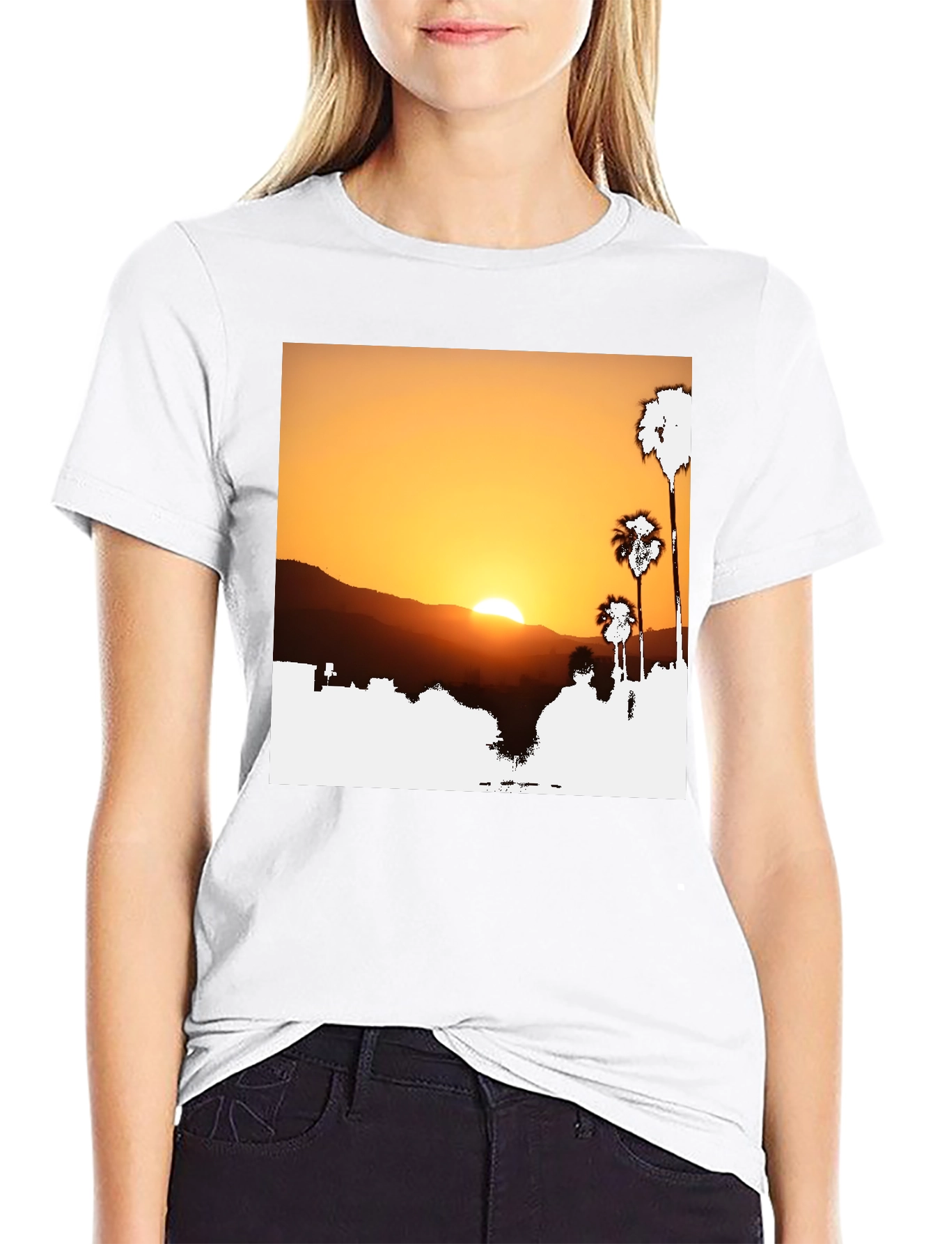 Sunset Palm Tree Graphic Tee - Black
