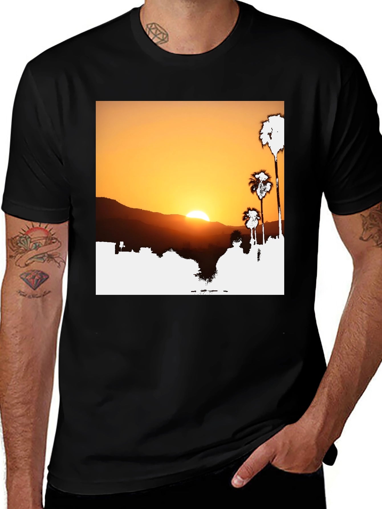Sunset Palm Tree Graphic Tee - Black