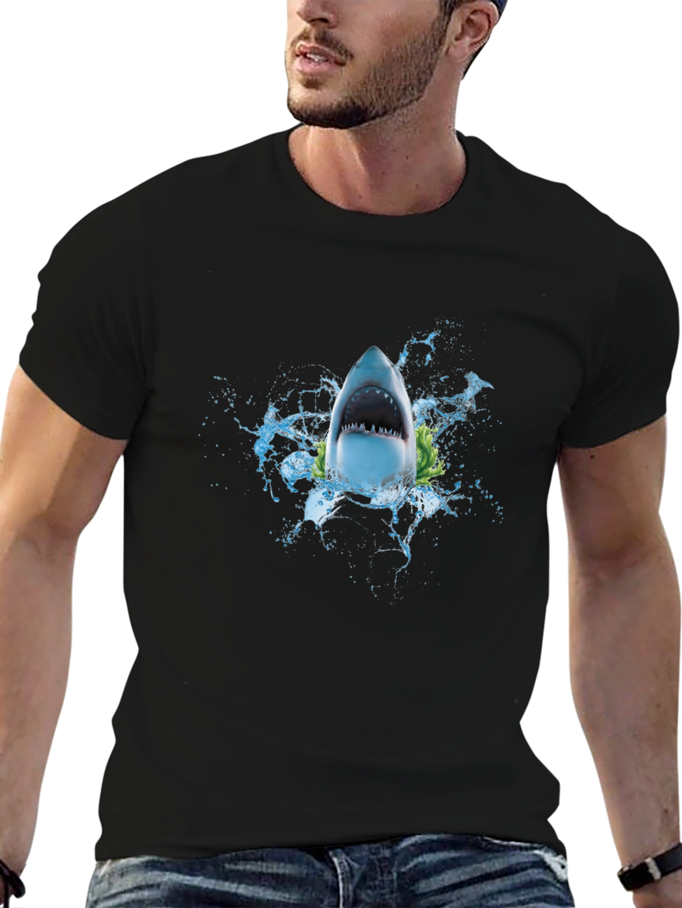 Shark Attack Graphic Tee - Black Cotton T-Shirt