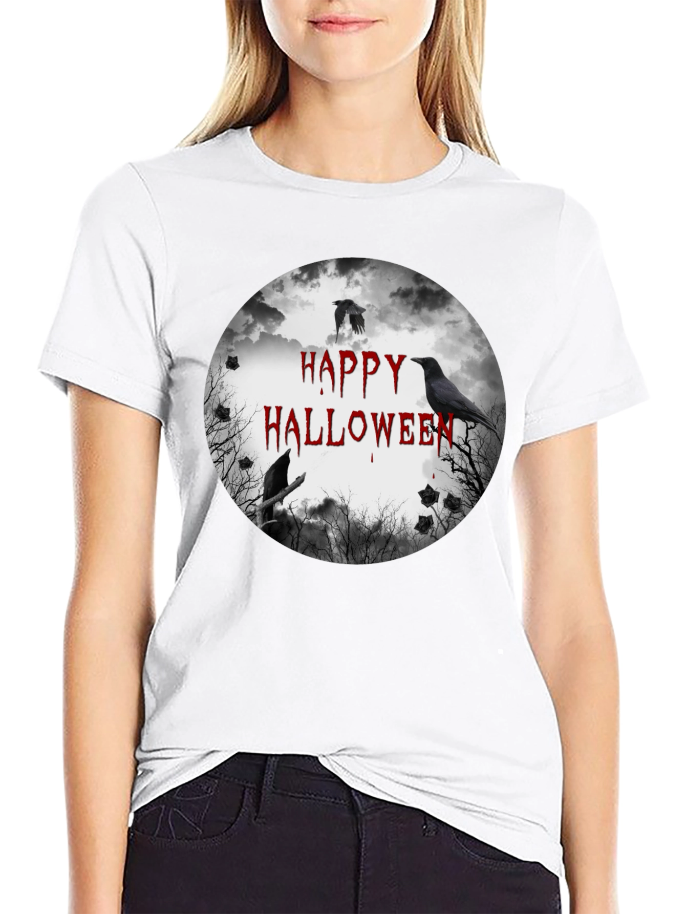 Happy Halloween Crow Graphic Black T-Shirt