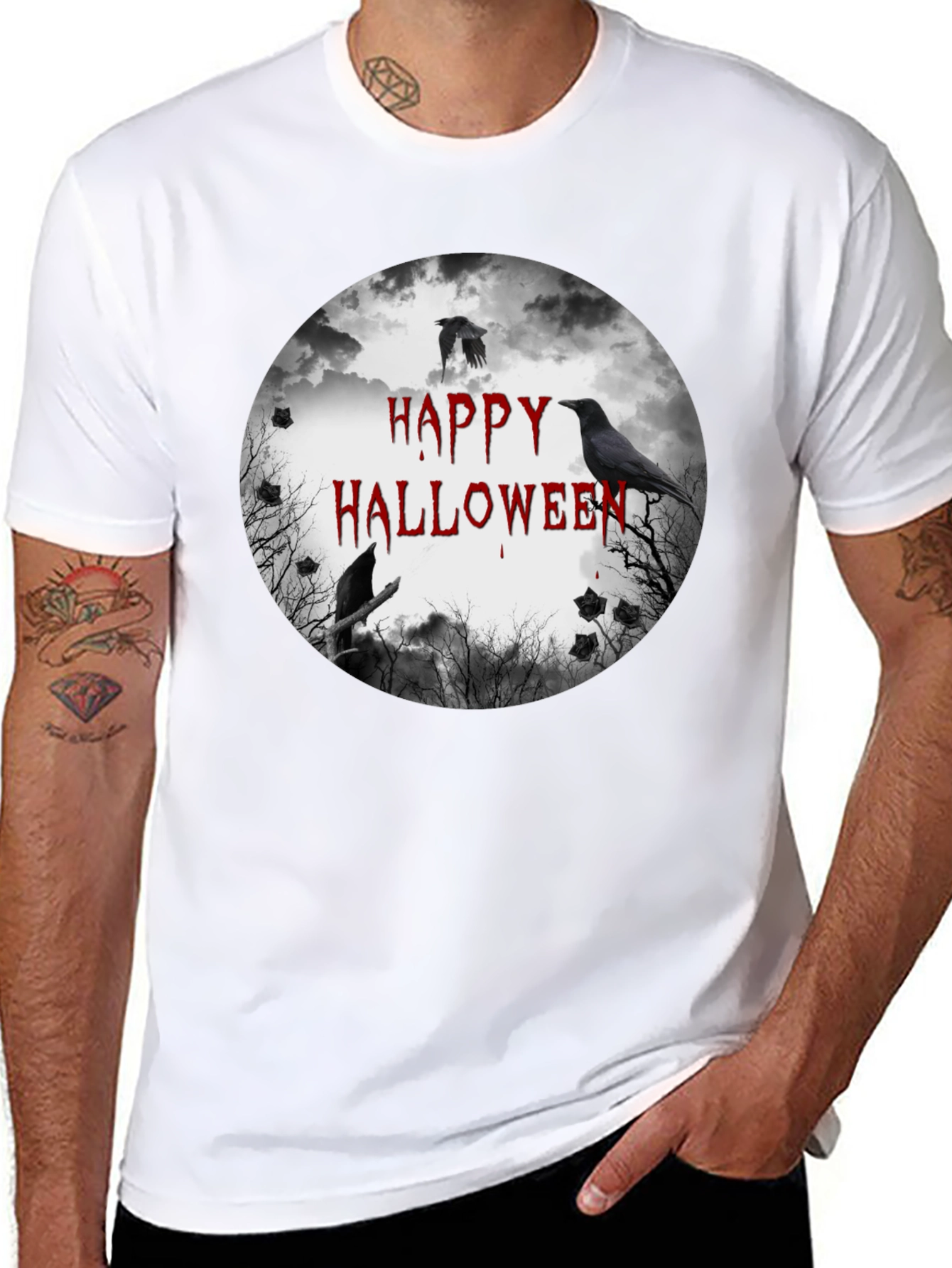 Happy Halloween Crow Graphic Black T-Shirt