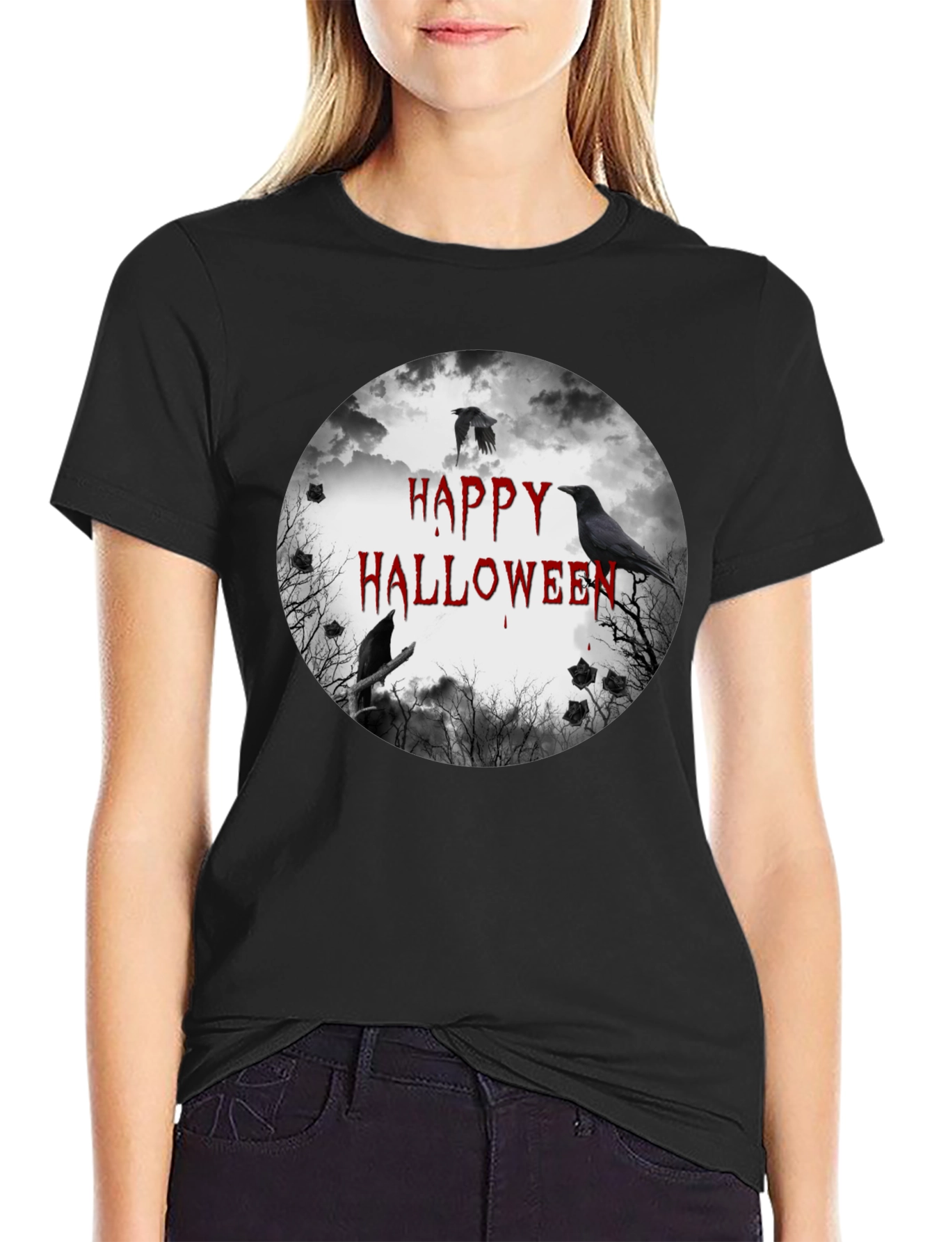 Happy Halloween Crow Graphic Black T-Shirt