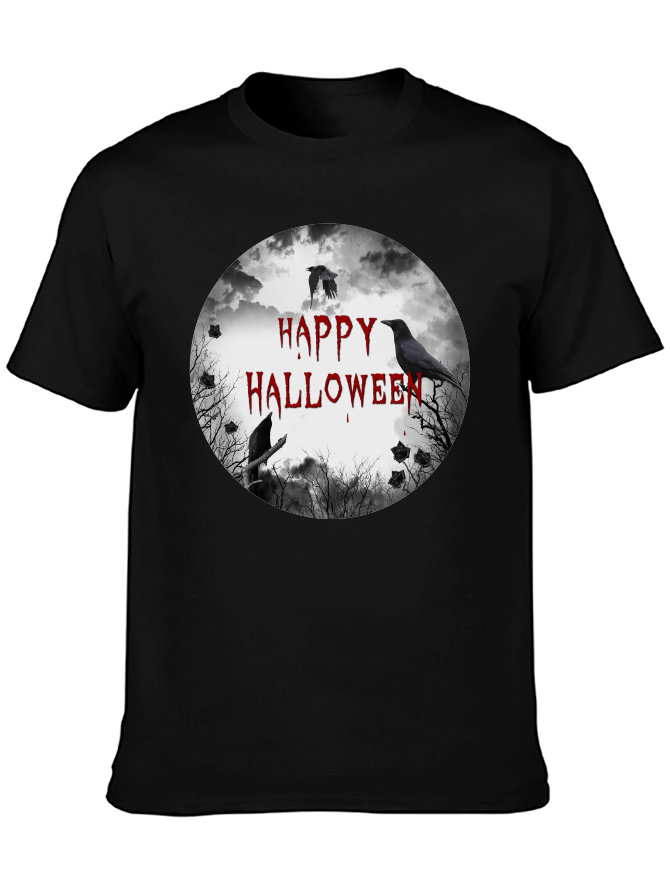Happy Halloween Crow Graphic Black T-Shirt