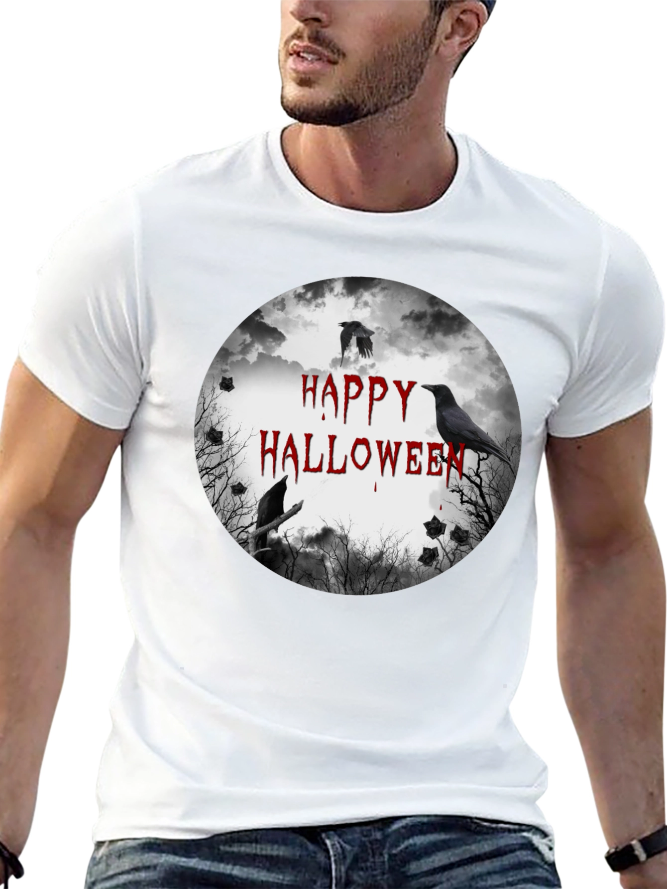 Happy Halloween Crow Graphic Black T-Shirt