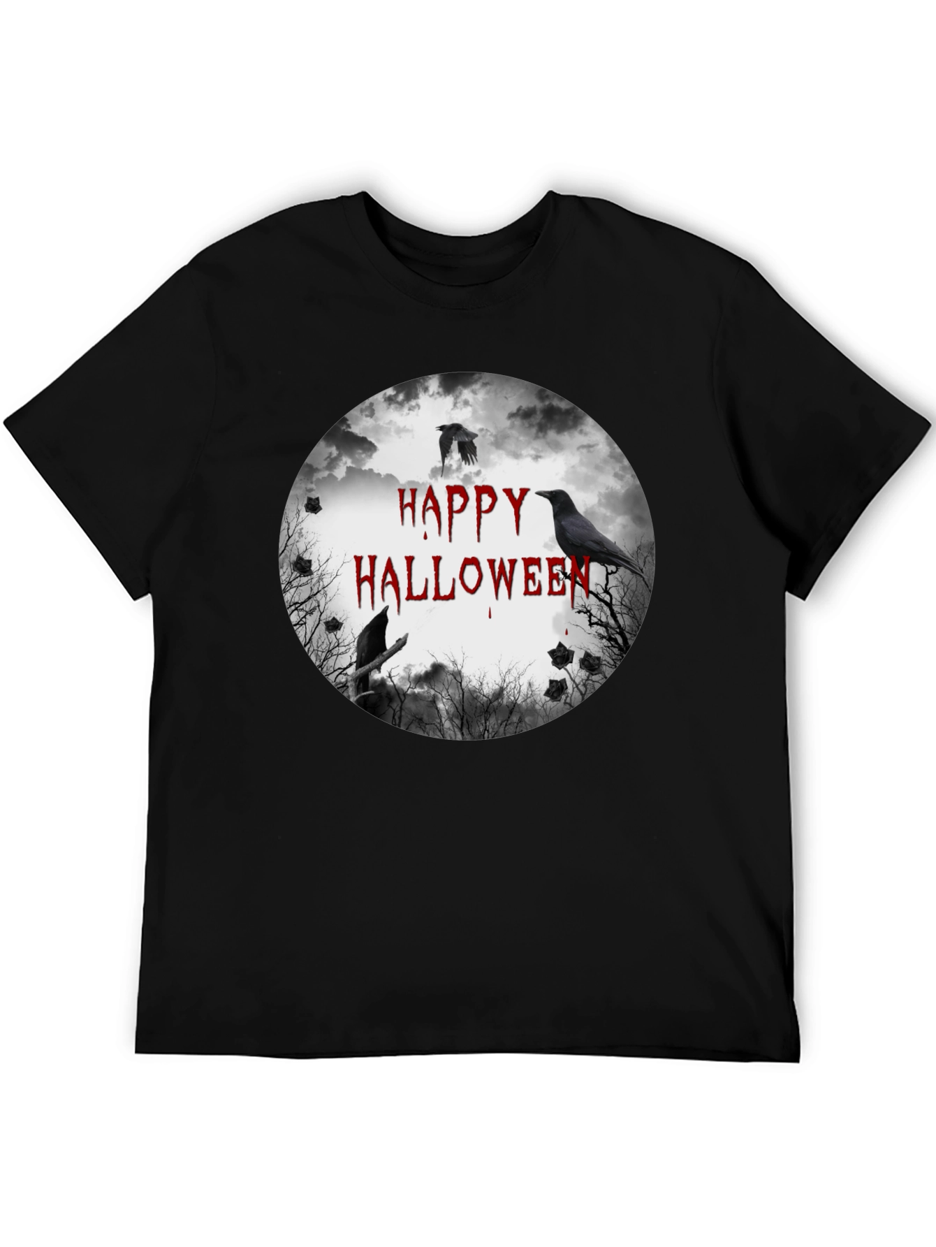 Happy Halloween Crow Graphic Black T-Shirt