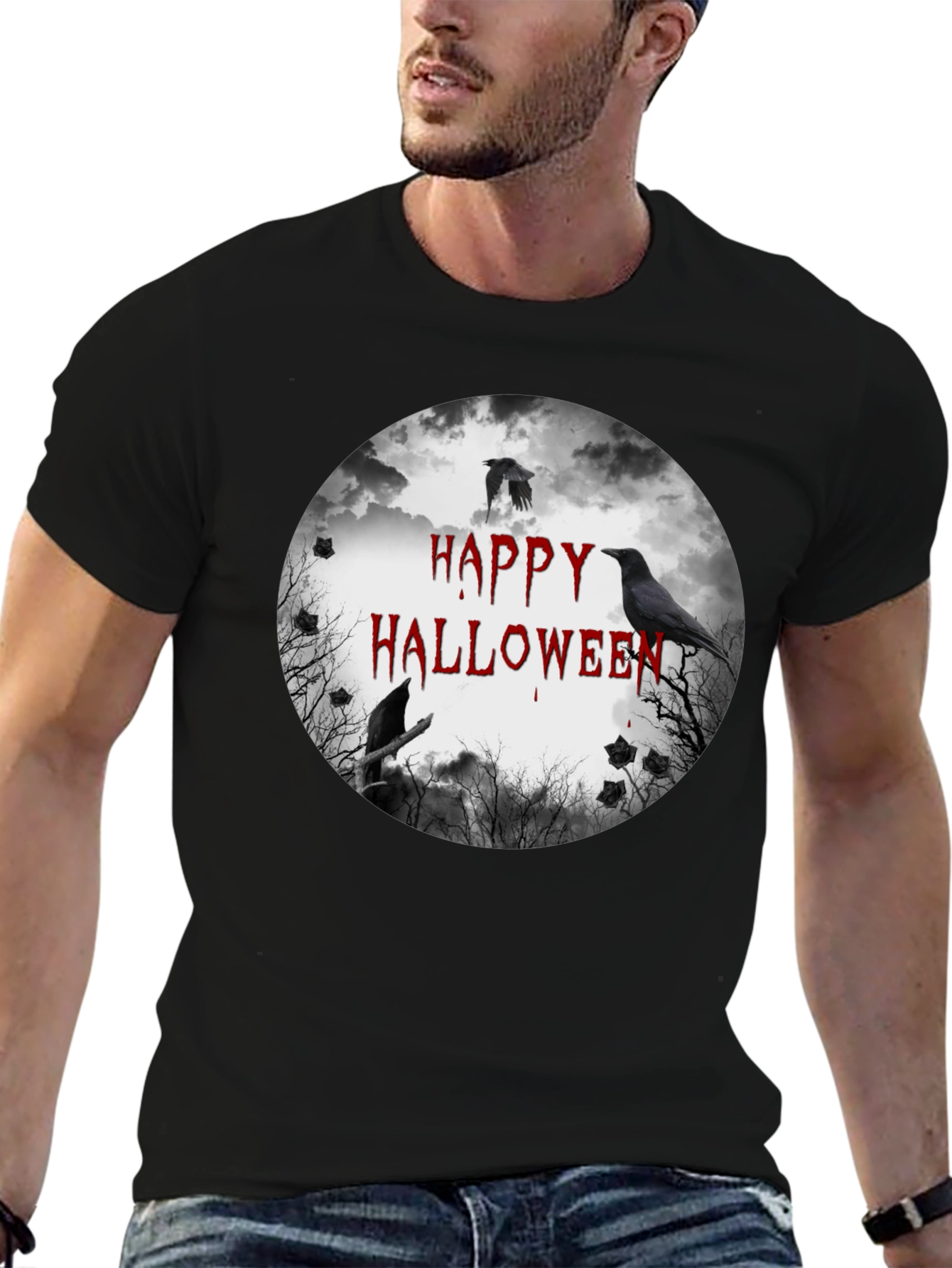 Happy Halloween Crow Graphic Black T-Shirt