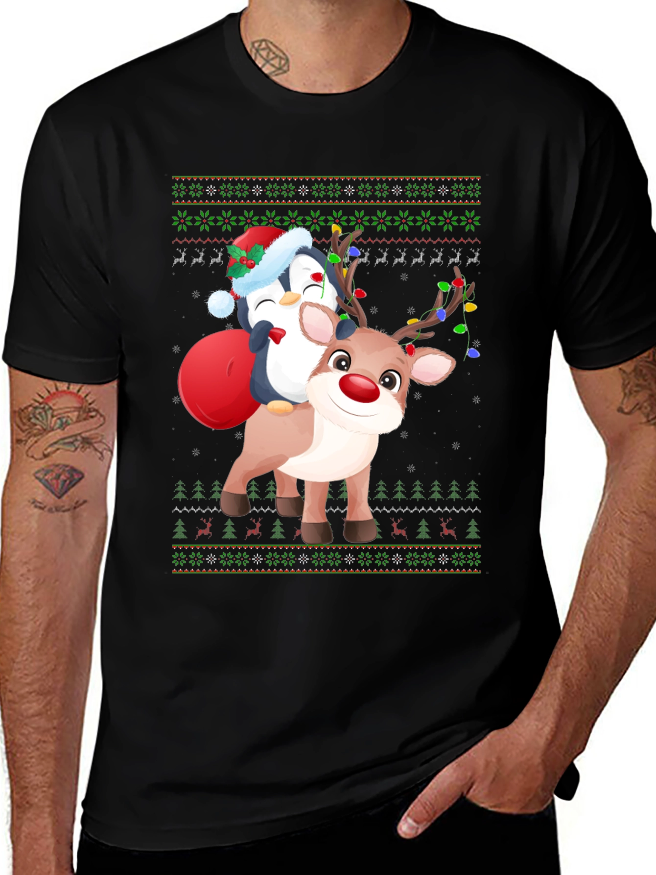 Festive Penguin Reindeer Christmas T-Shirt