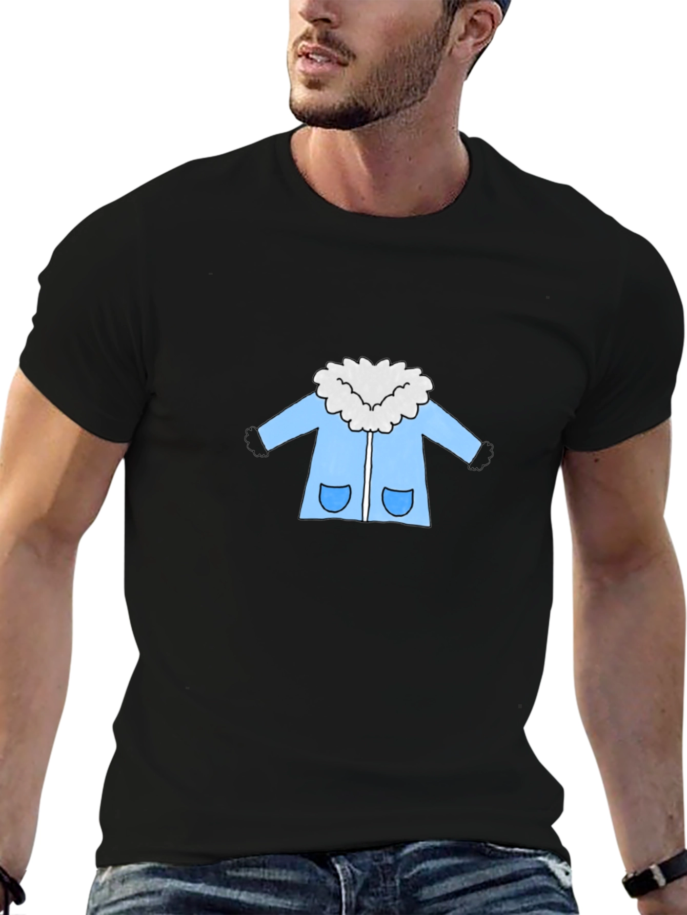 Cartoon Coat Graphic Tee - Black Cotton T-Shirt