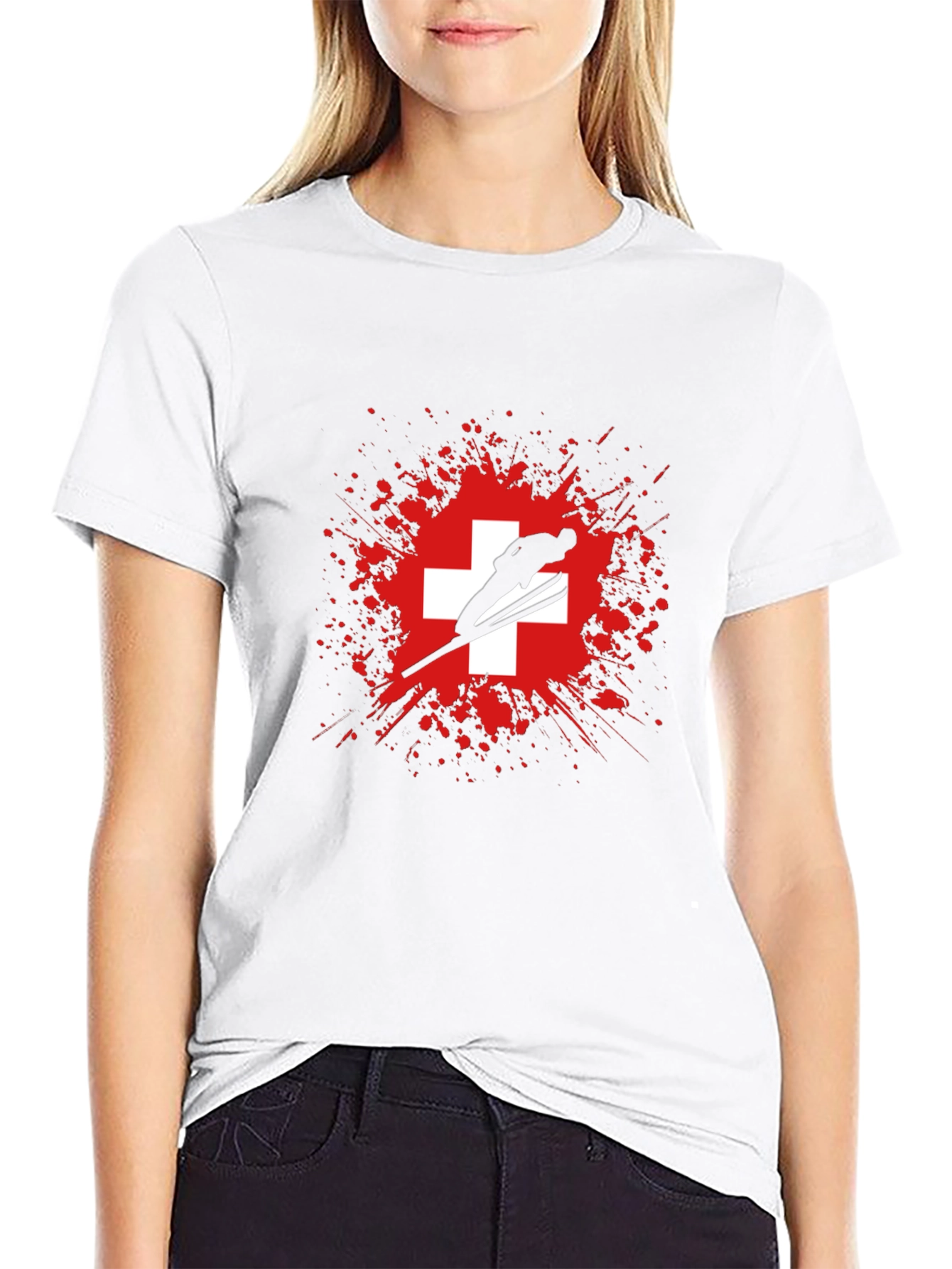 Ski Jumper Switzerland Flag Graphic T-Shirt