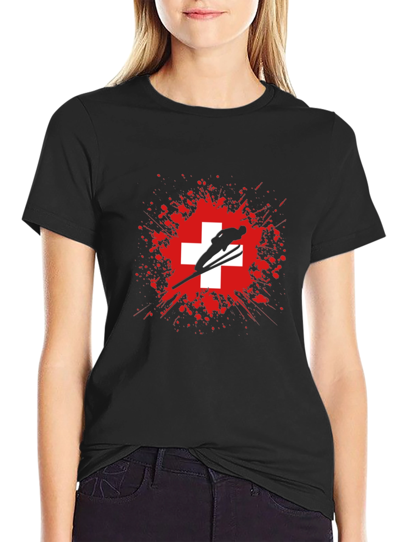 Ski Jumper Switzerland Flag Graphic T-Shirt