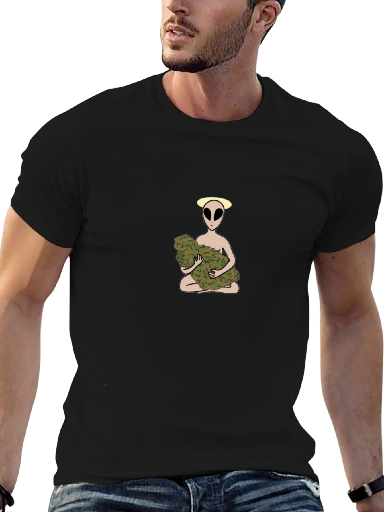 Alien Holding Weed Bud Graphic T-Shirt