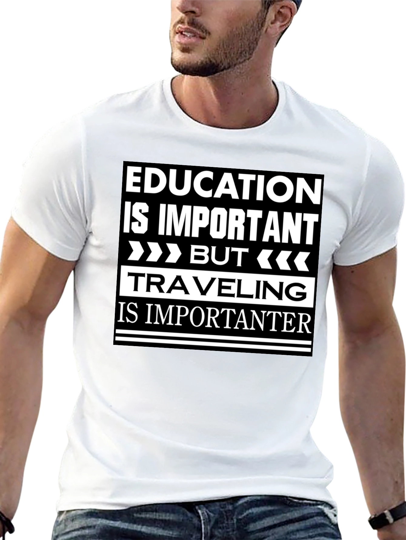 Education vs. Travel Black Graphic T-Shirt