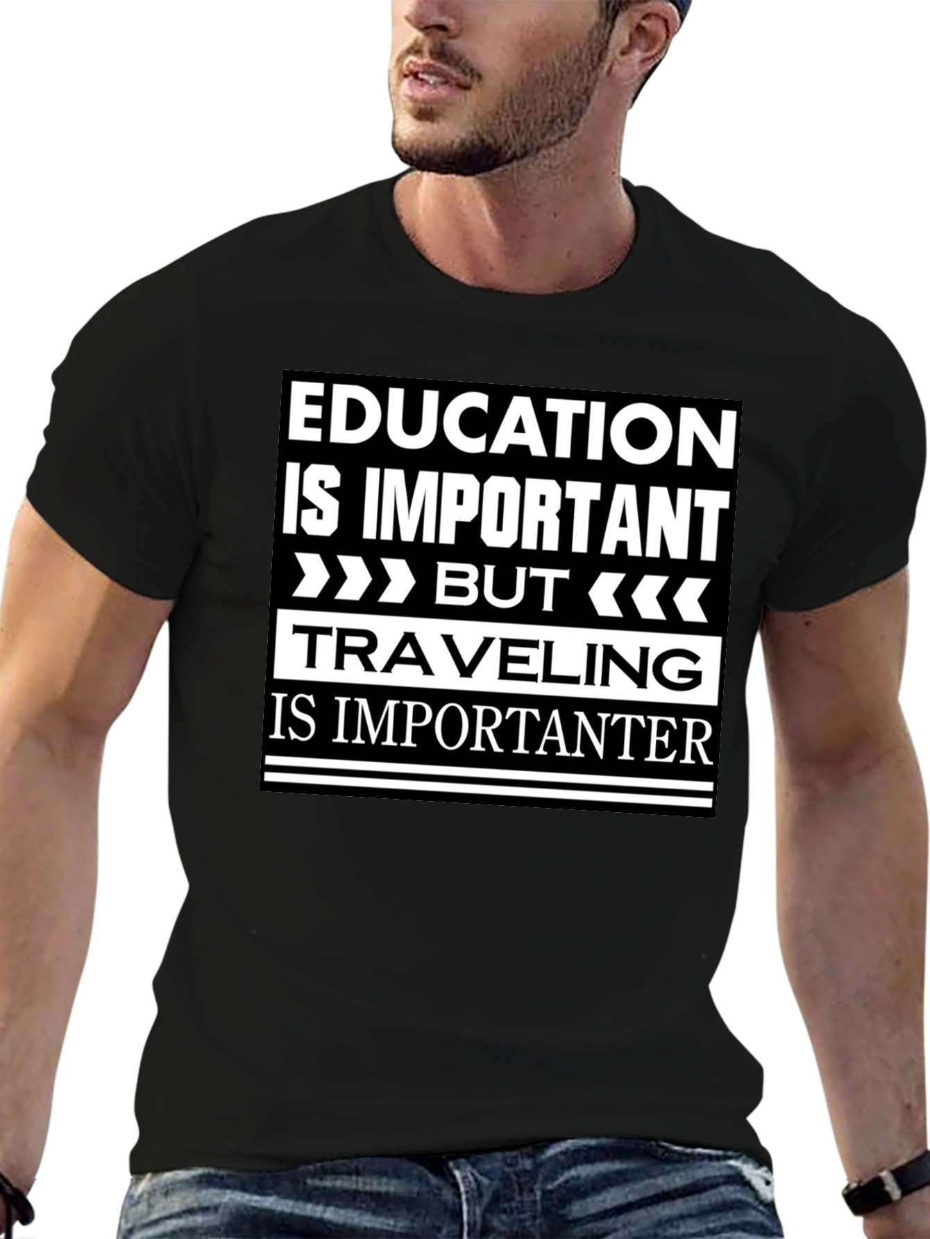 Education vs. Travel Black Graphic T-Shirt