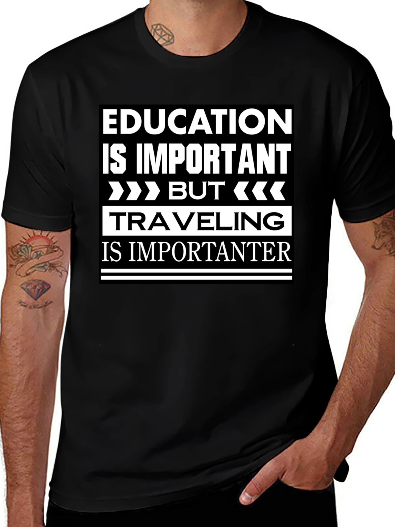 Education vs. Travel Black Graphic T-Shirt