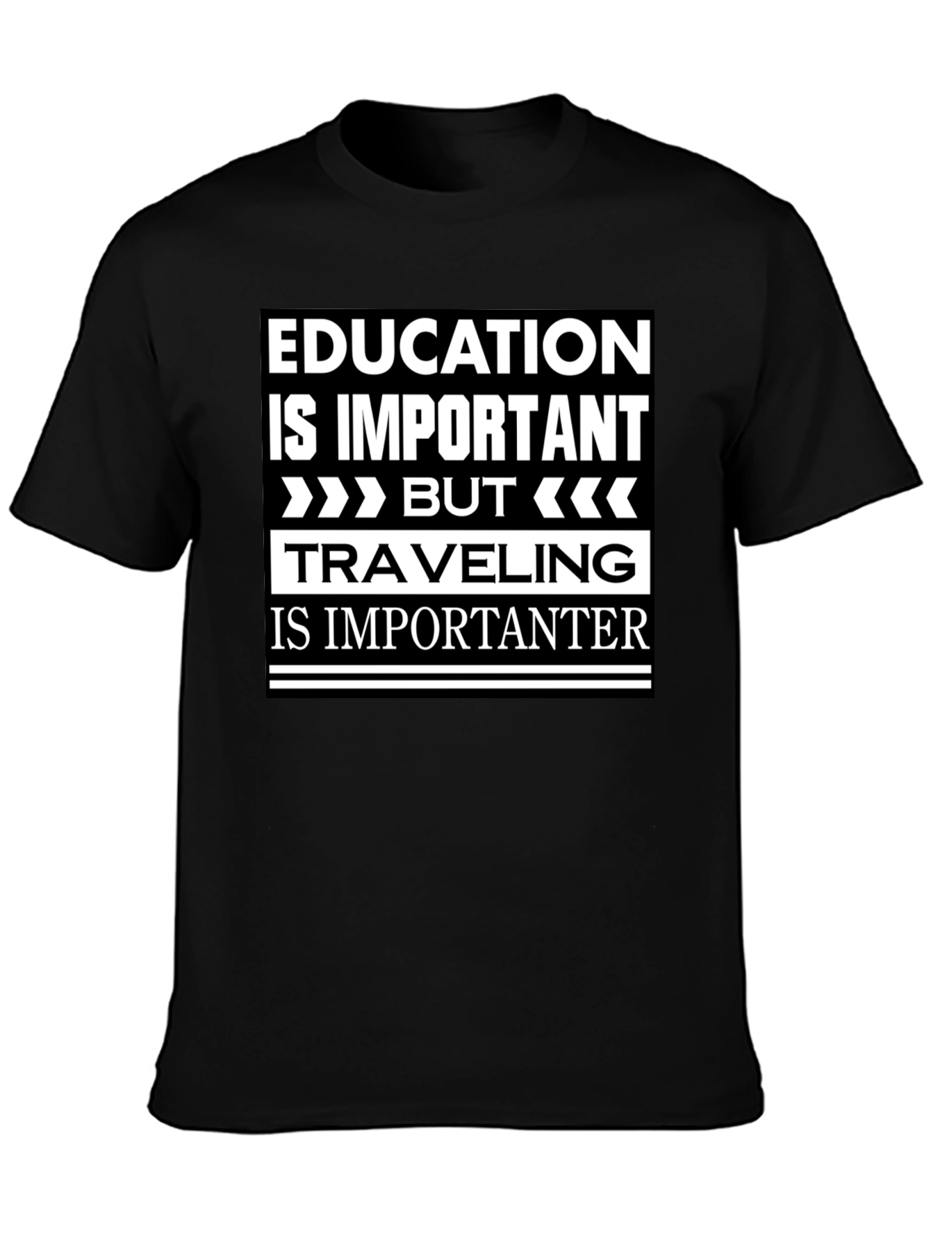 Education vs. Travel Black Graphic T-Shirt