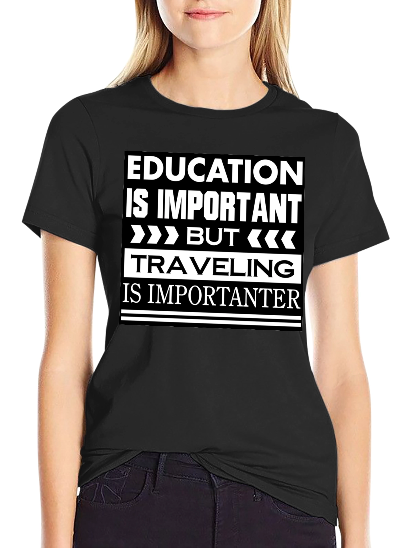 Education vs. Travel Black Graphic T-Shirt