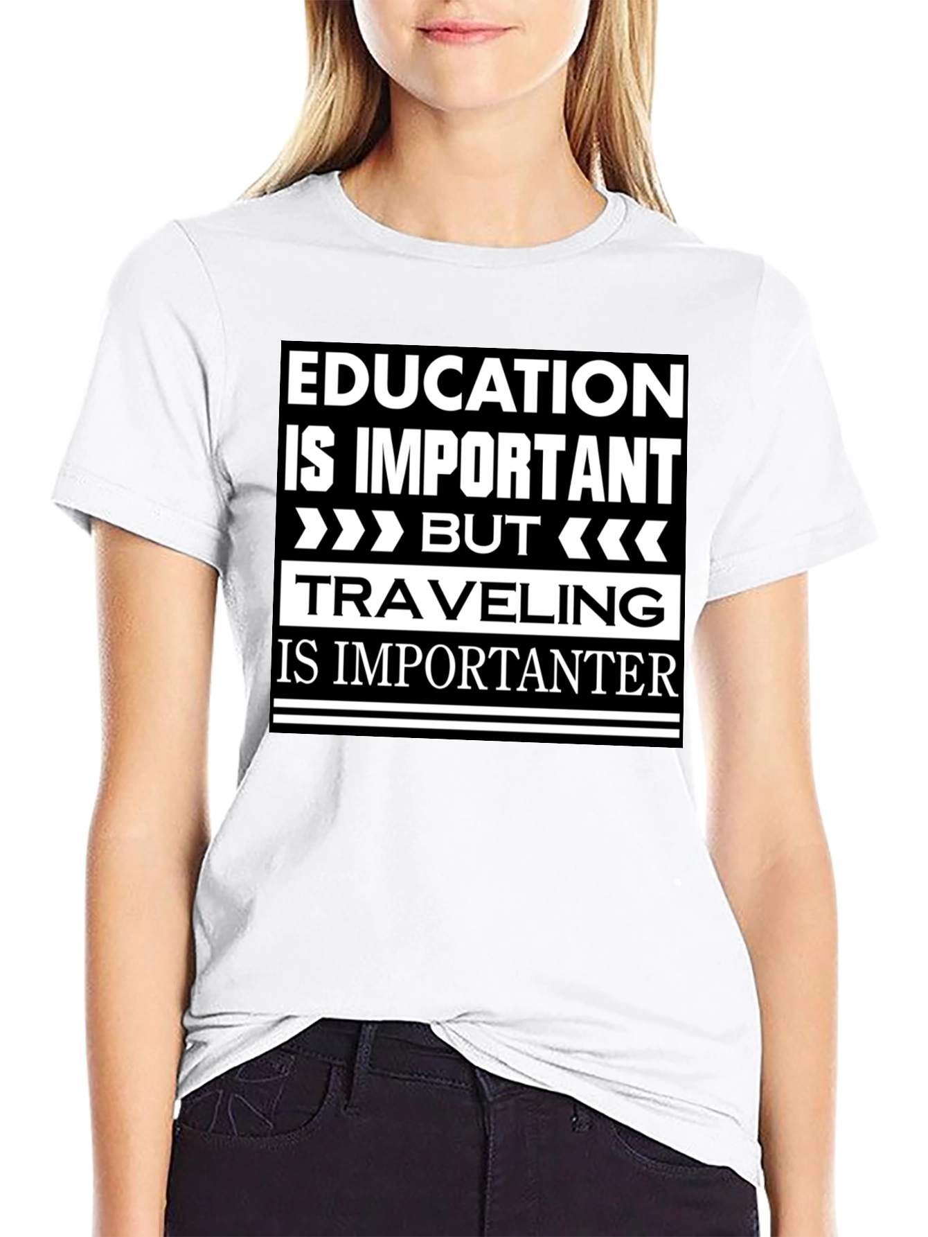Education vs. Travel Black Graphic T-Shirt