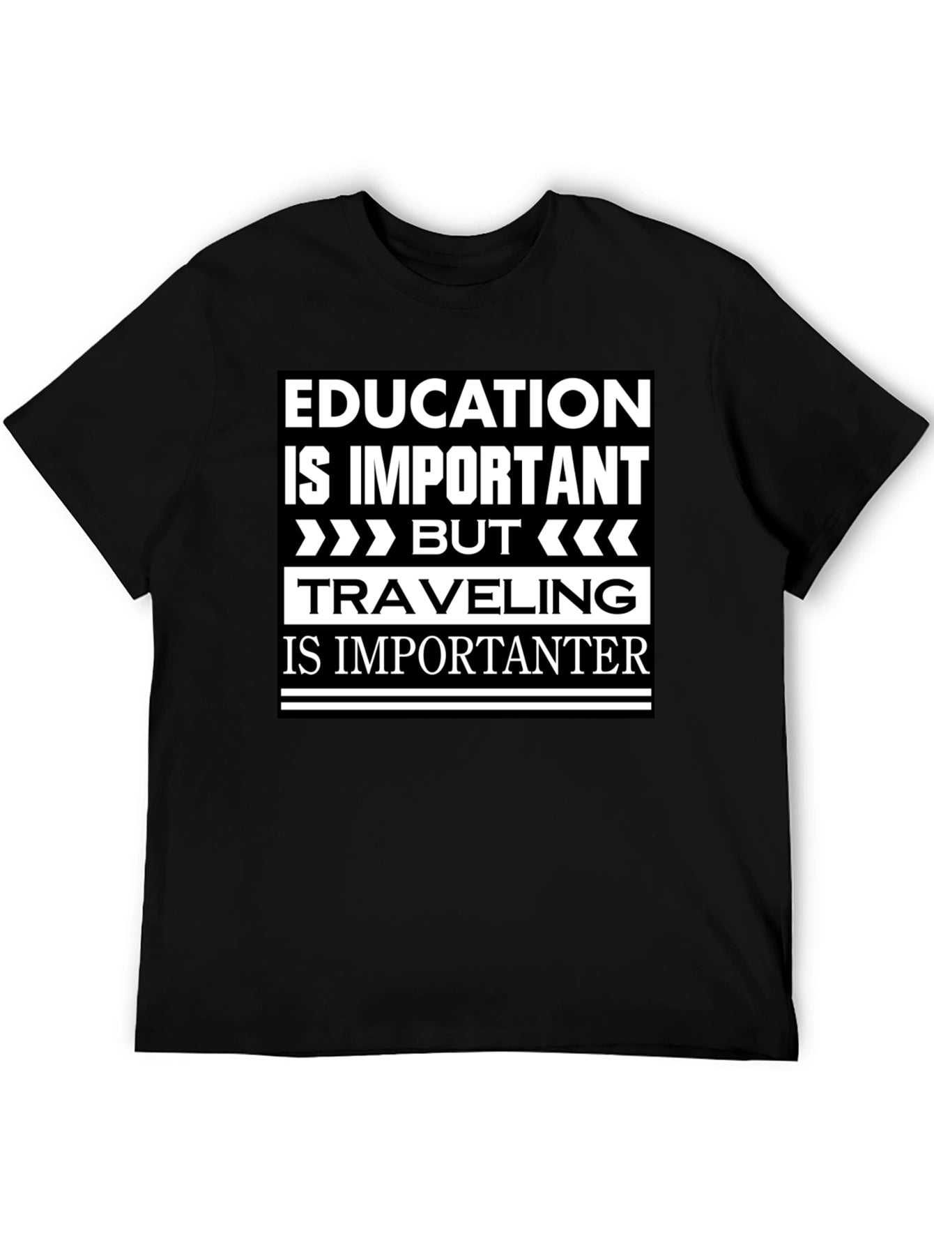 Education vs. Travel Black Graphic T-Shirt