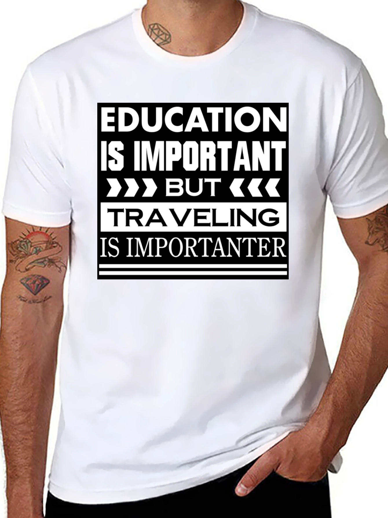 Education vs. Travel Black Graphic T-Shirt