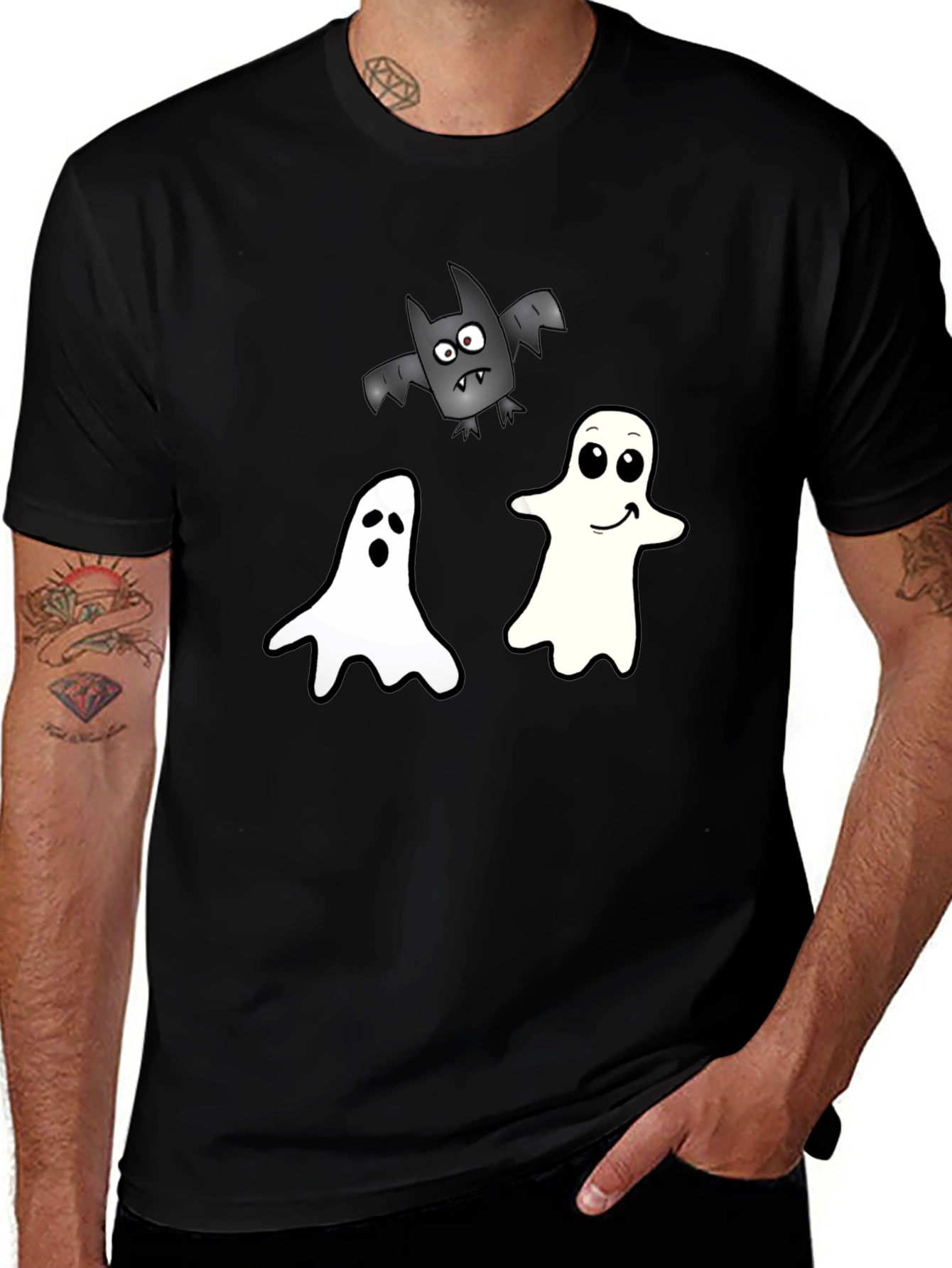 Spooky Season Tee: Ghosts and Bats Black T-Shirt