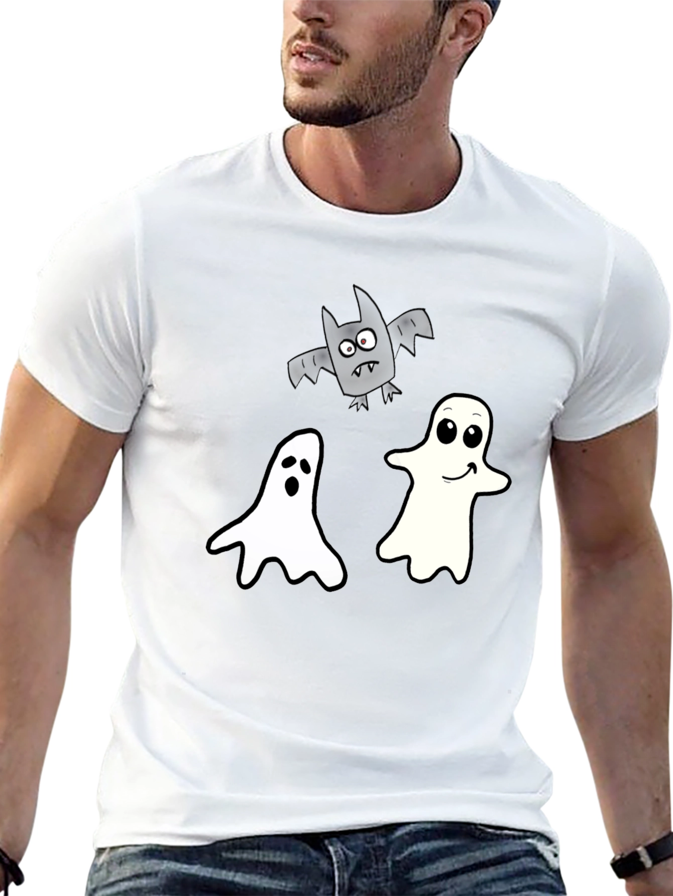 Spooky Season Tee: Ghosts and Bats Black T-Shirt