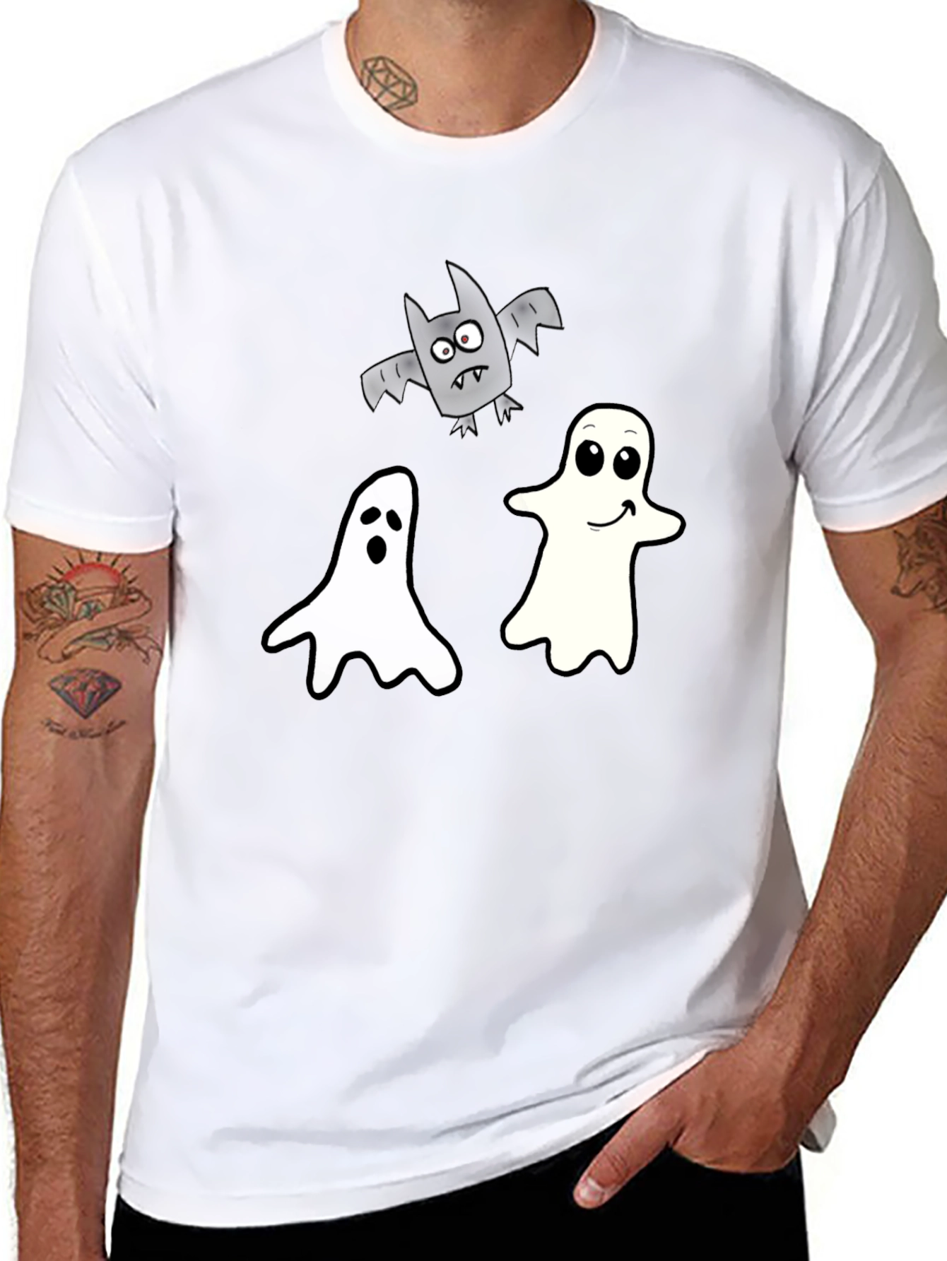 Spooky Season Tee: Ghosts and Bats Black T-Shirt