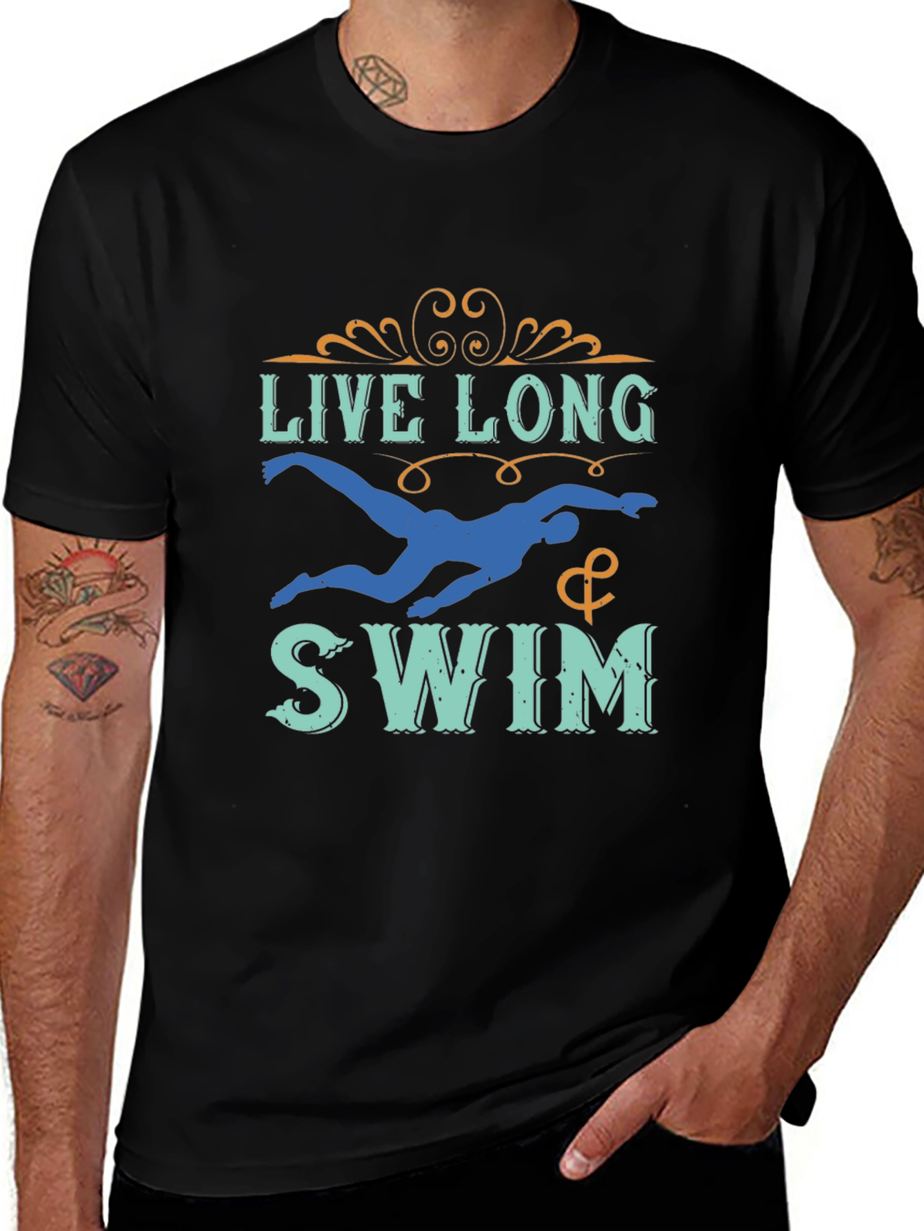 Live Long & Swim T-Shirt - Black Aquatic Design