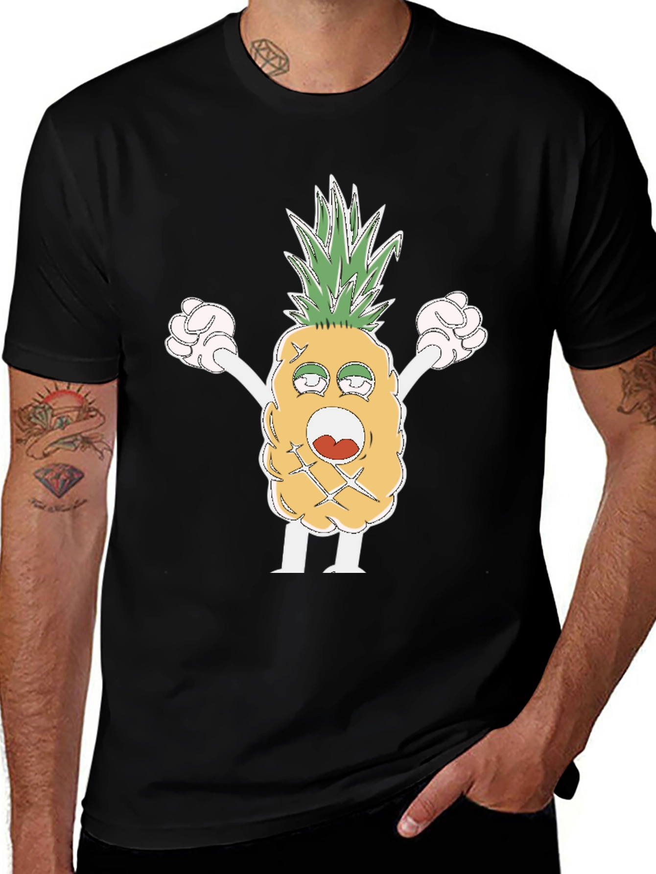 Funny Pineapple Cartoon T-Shirt - Black