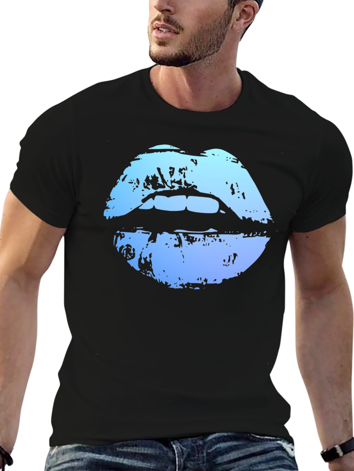 Blue Lips Graphic Print Black T-Shirt