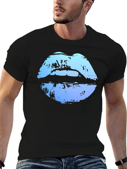Blue Lips Graphic Print Black T-Shirt