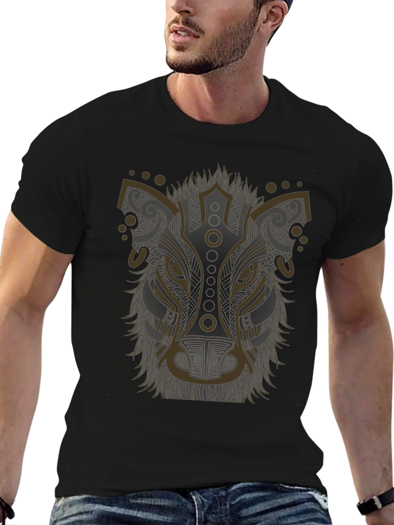 Tribal Wolf Graphic Tee - Stylish Mens Black T-Shirt