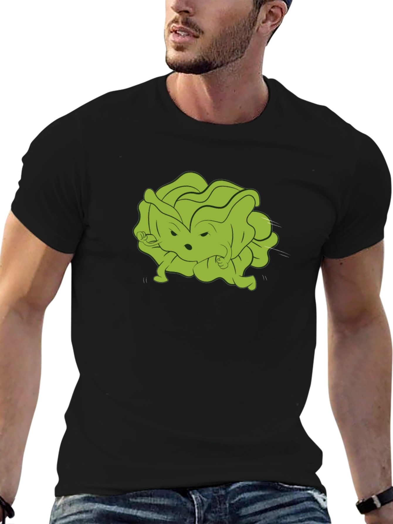 Funny Cartoon Lettuce Character Black T-Shirt