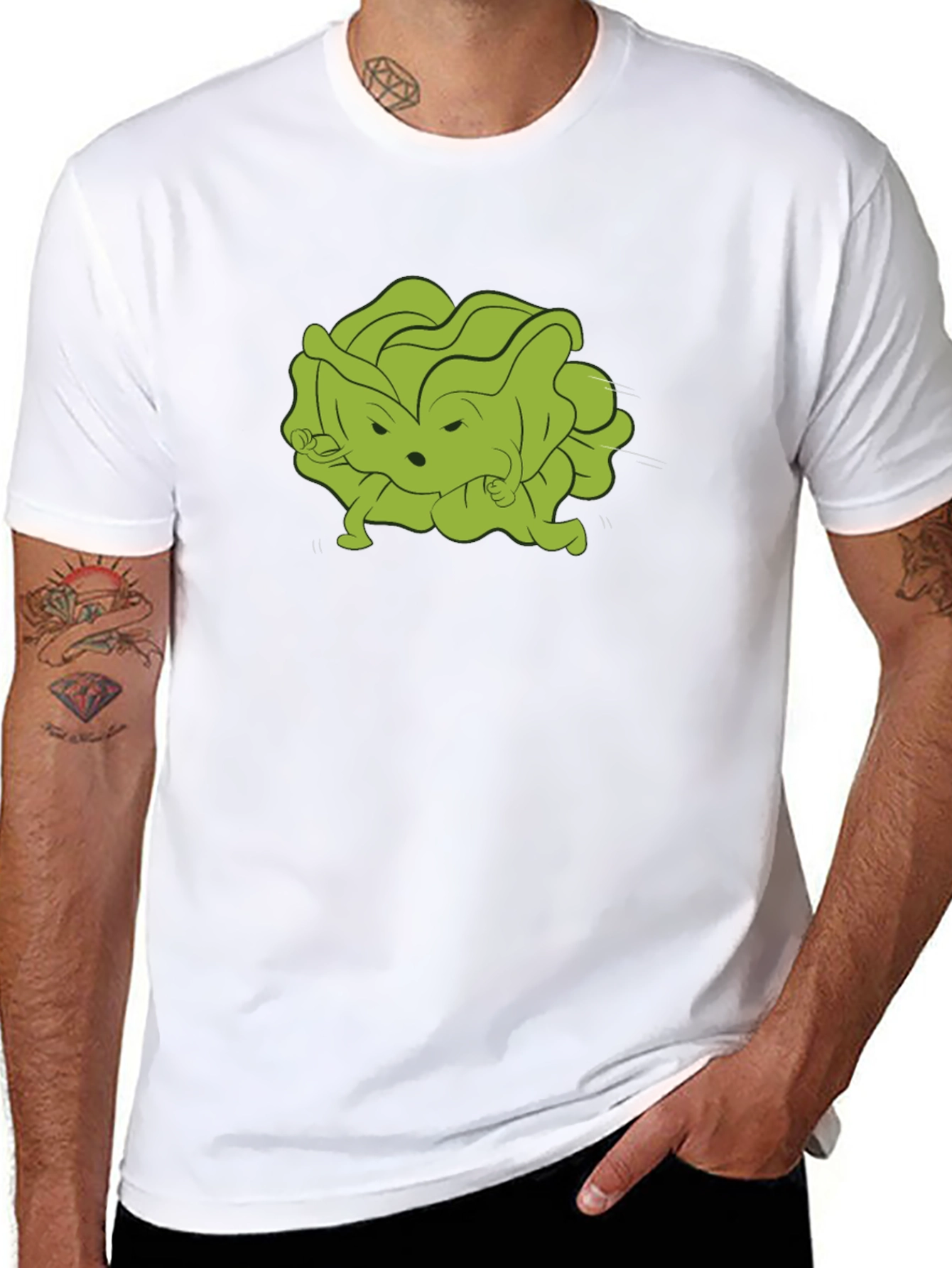 Funny Cartoon Lettuce Character Black T-Shirt