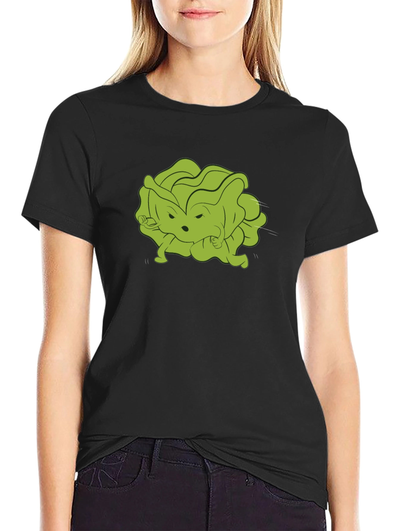 Funny Cartoon Lettuce Character Black T-Shirt