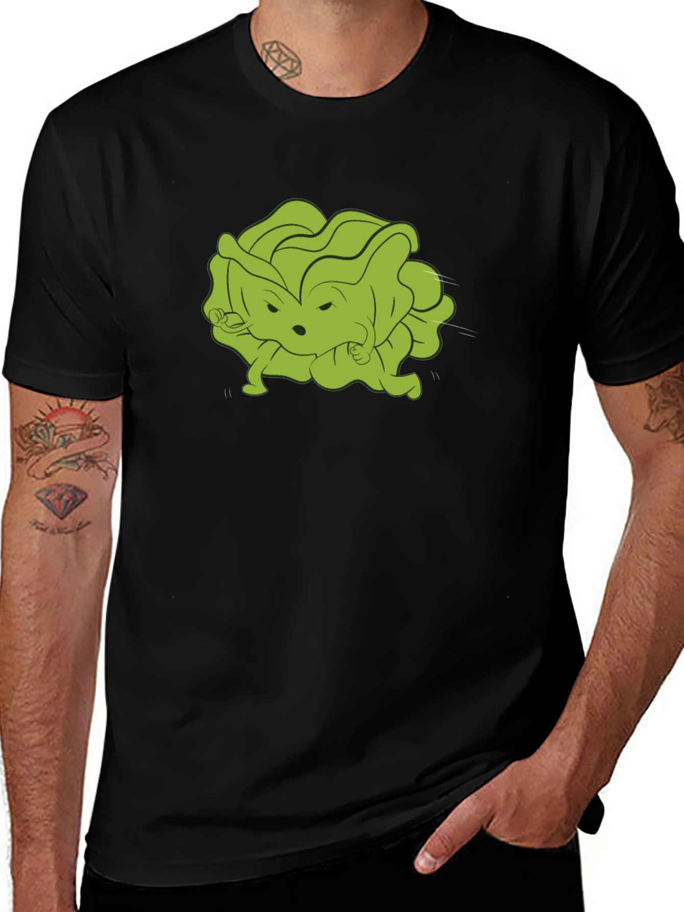 Funny Cartoon Lettuce Character Black T-Shirt