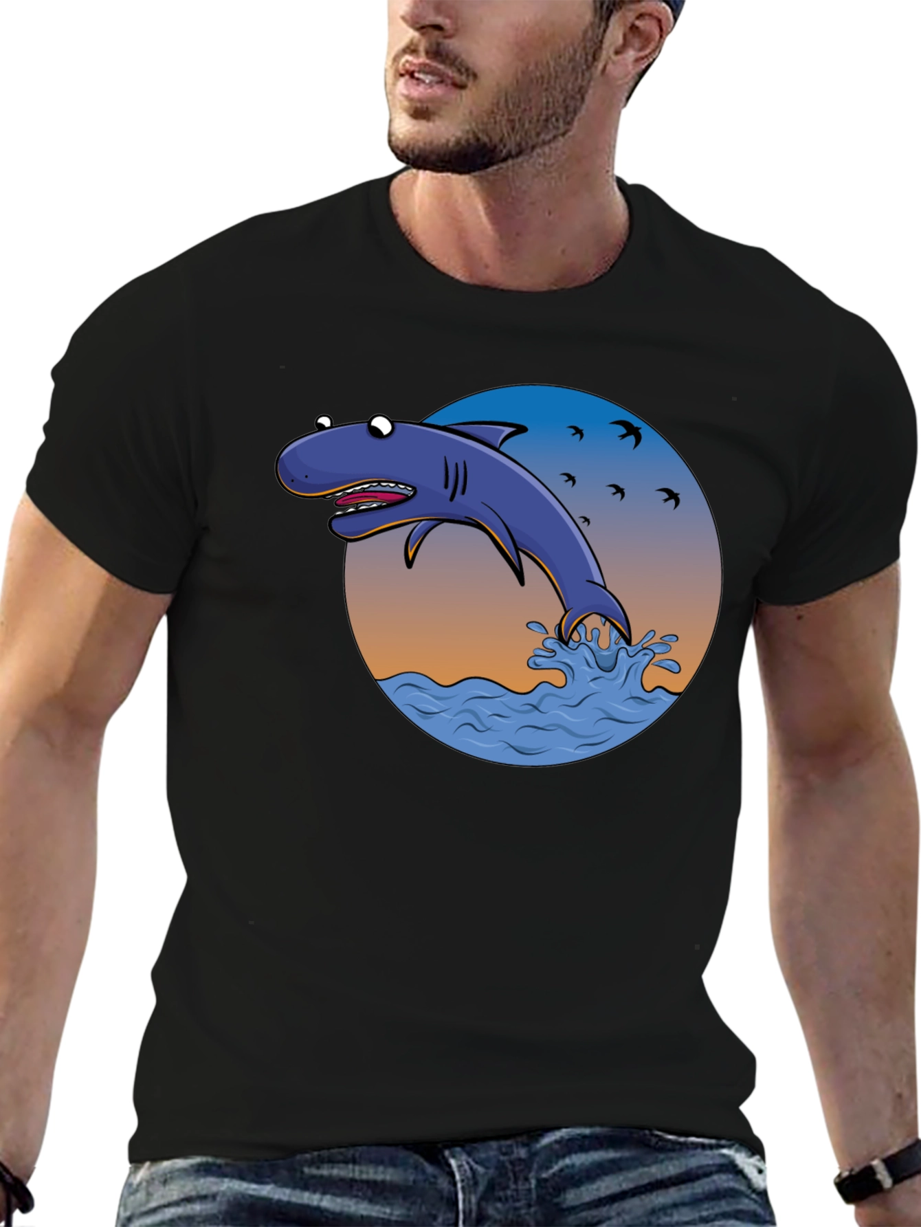 Cartoon Shark Graphic Print Tee - Black Cotton