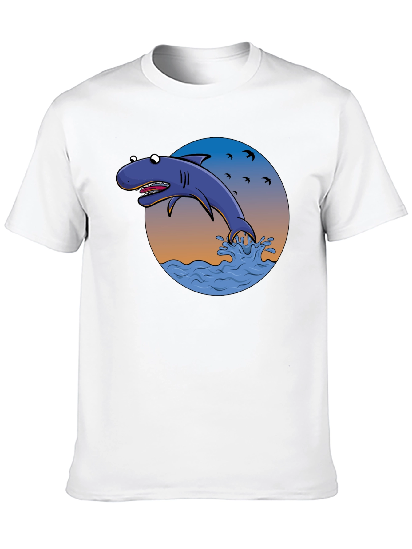 Cartoon Shark Graphic Print Tee - Black Cotton