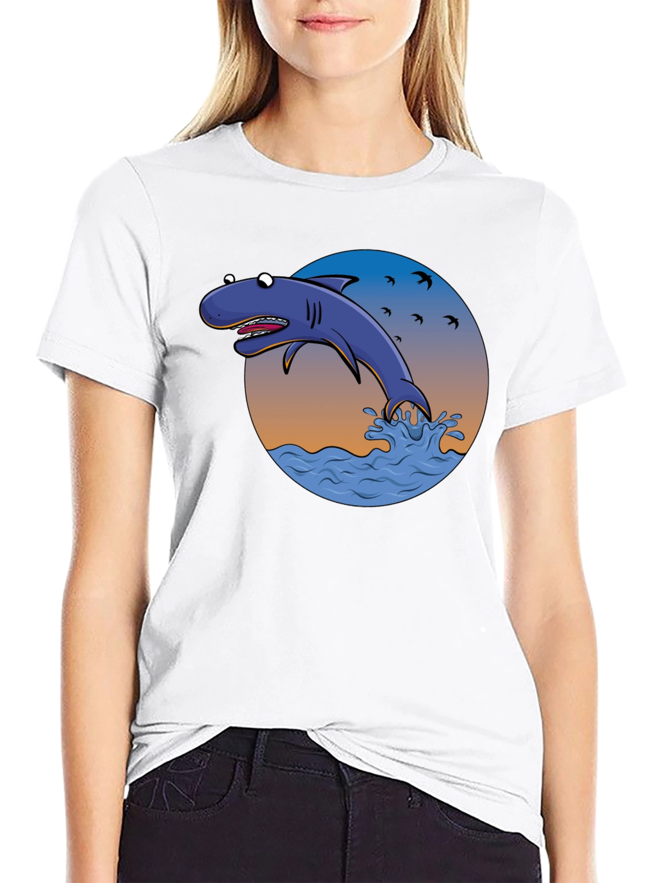 Cartoon Shark Graphic Print Tee - Black Cotton