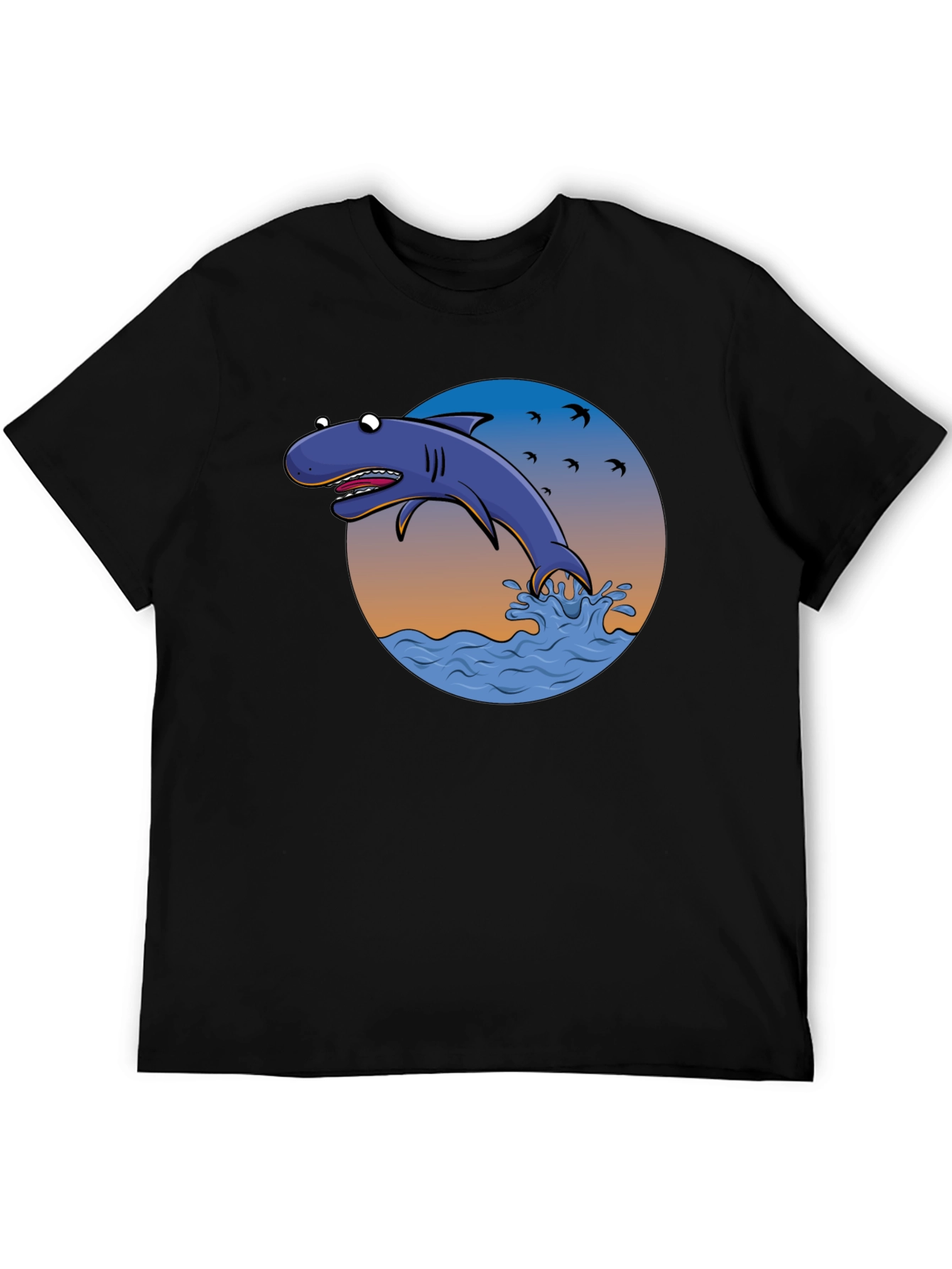Cartoon Shark Graphic Print Tee - Black Cotton