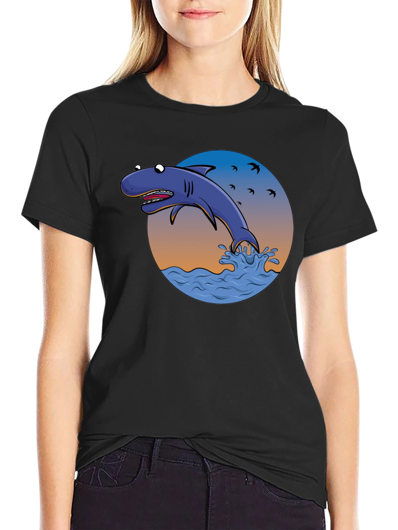 Cartoon Shark Graphic Print Tee - Black Cotton