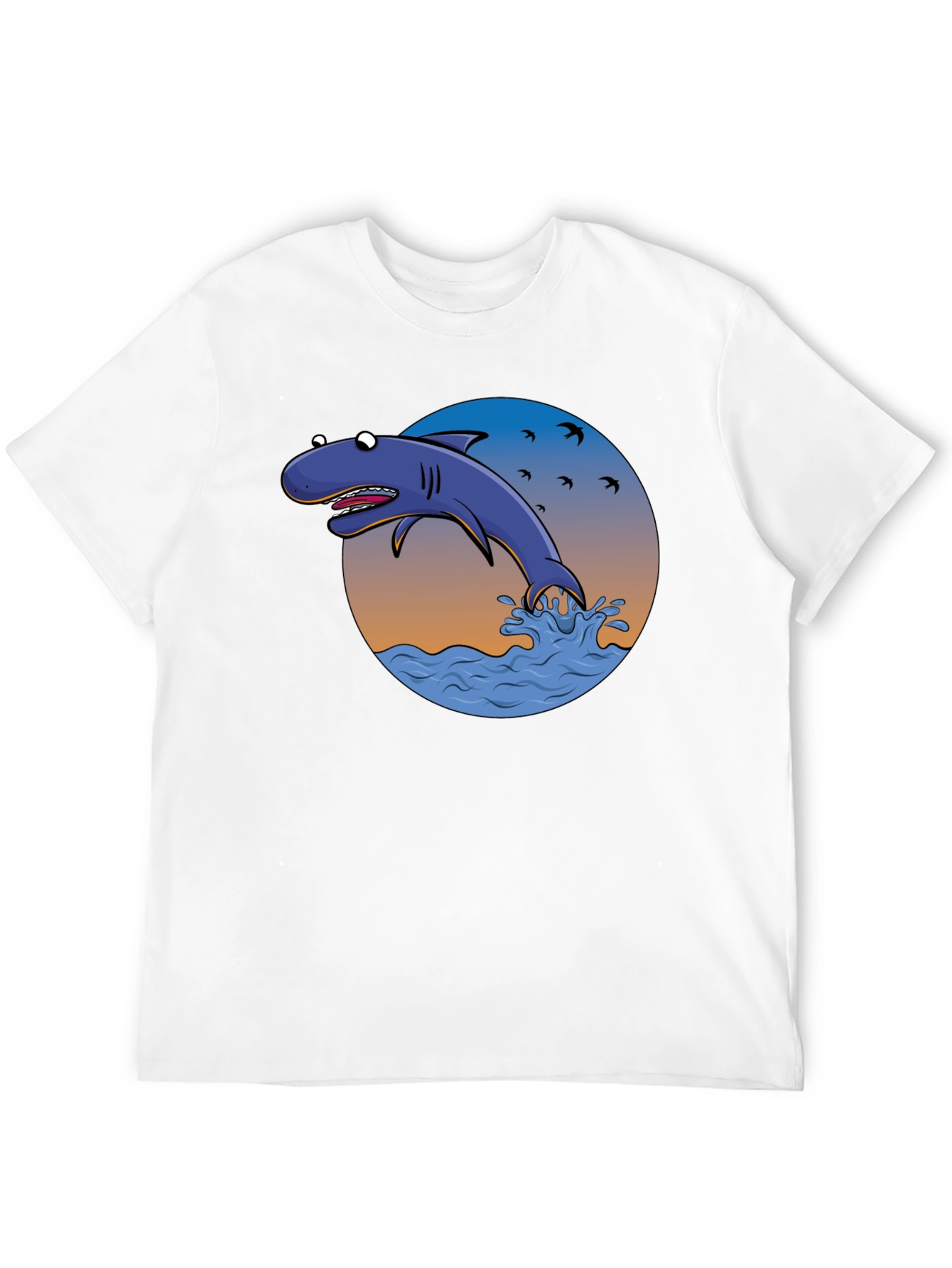 Cartoon Shark Graphic Print Tee - Black Cotton