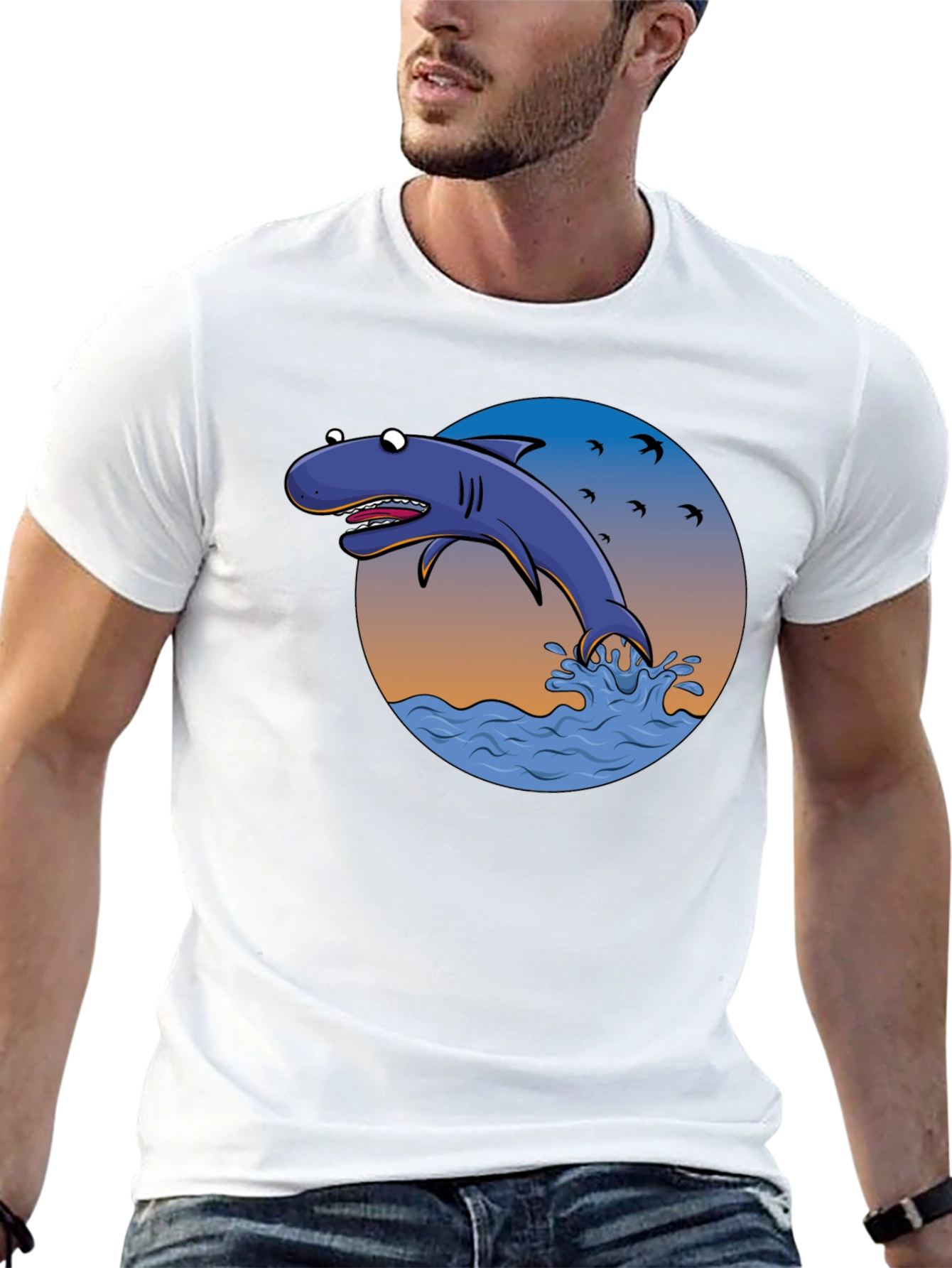 Cartoon Shark Graphic Print Tee - Black Cotton
