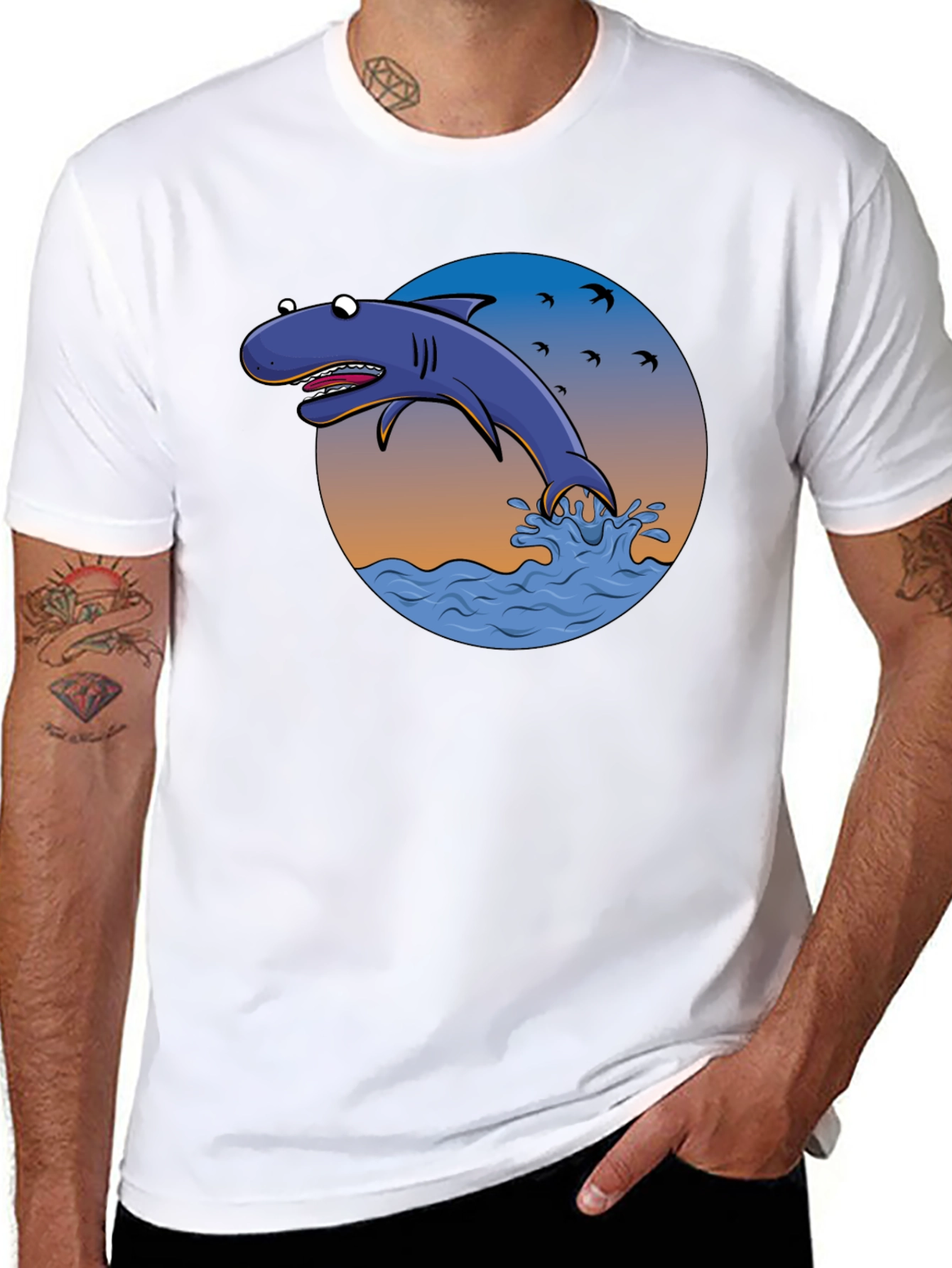 Cartoon Shark Graphic Print Tee - Black Cotton