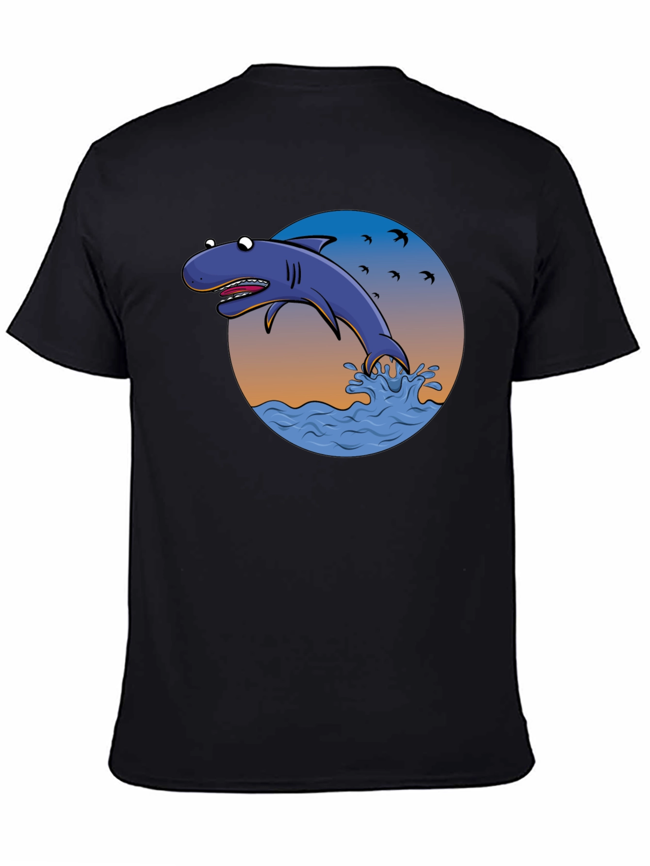 Cartoon Shark Graphic Print Tee - Black Cotton