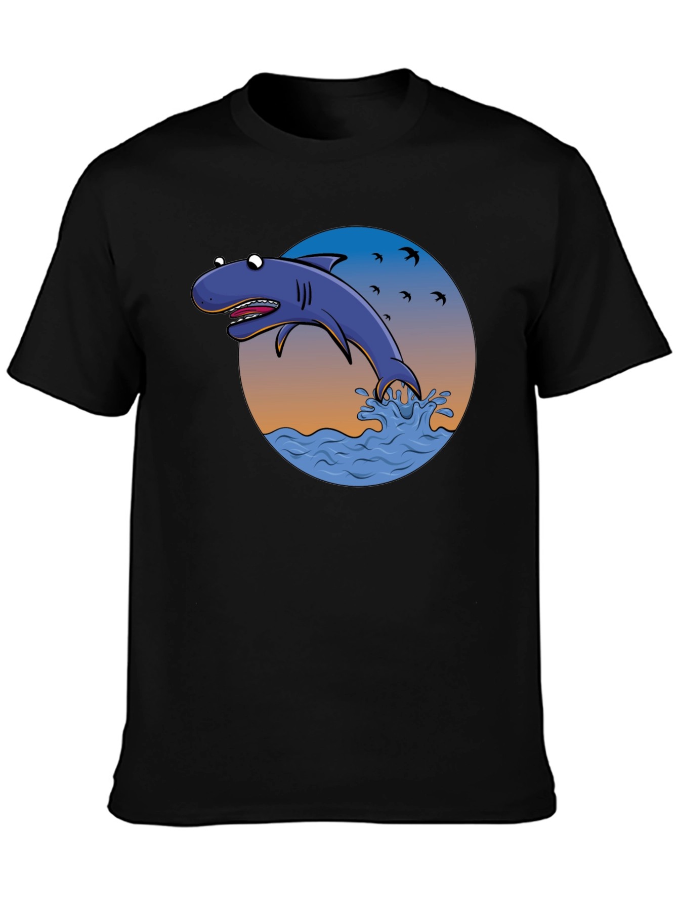 Cartoon Shark Graphic Print Tee - Black Cotton