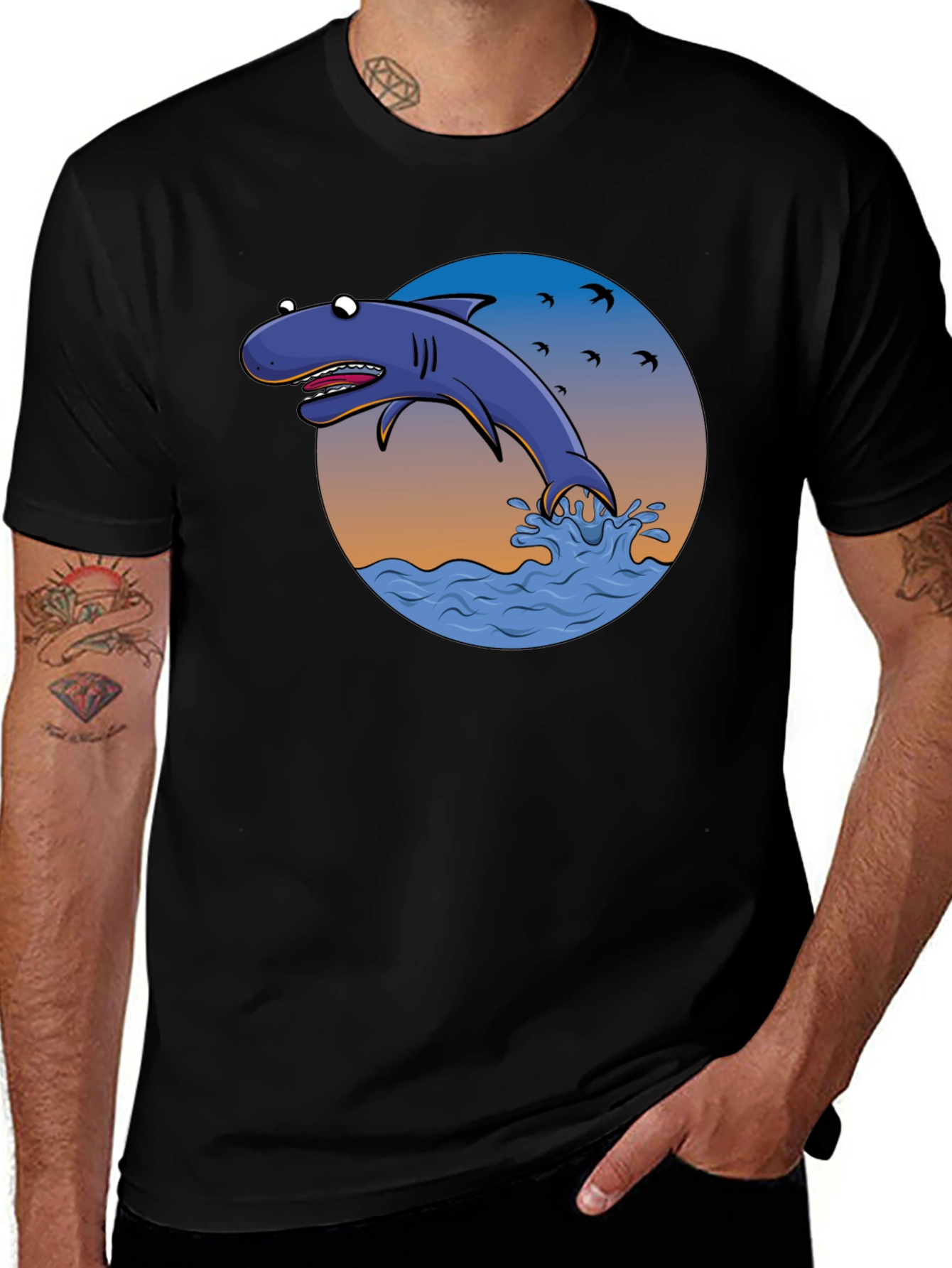 Cartoon Shark Graphic Print Tee - Black Cotton